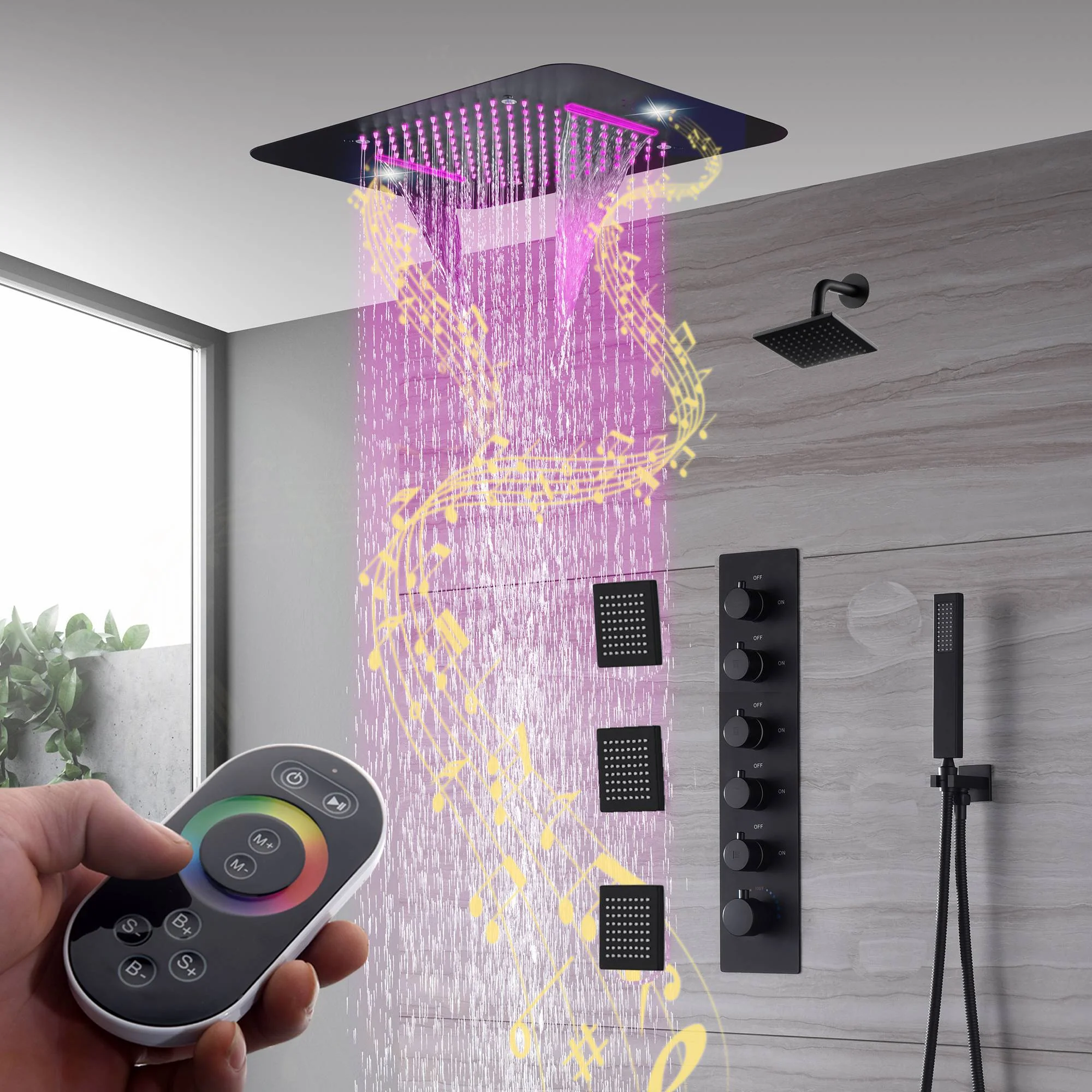Matte Black 5-Way Thermostatic Shower System with 23x15-Inch LED Music Showerhead, Regular Shower Head, and Body Jets, Flush-Mounted Design - Image 9