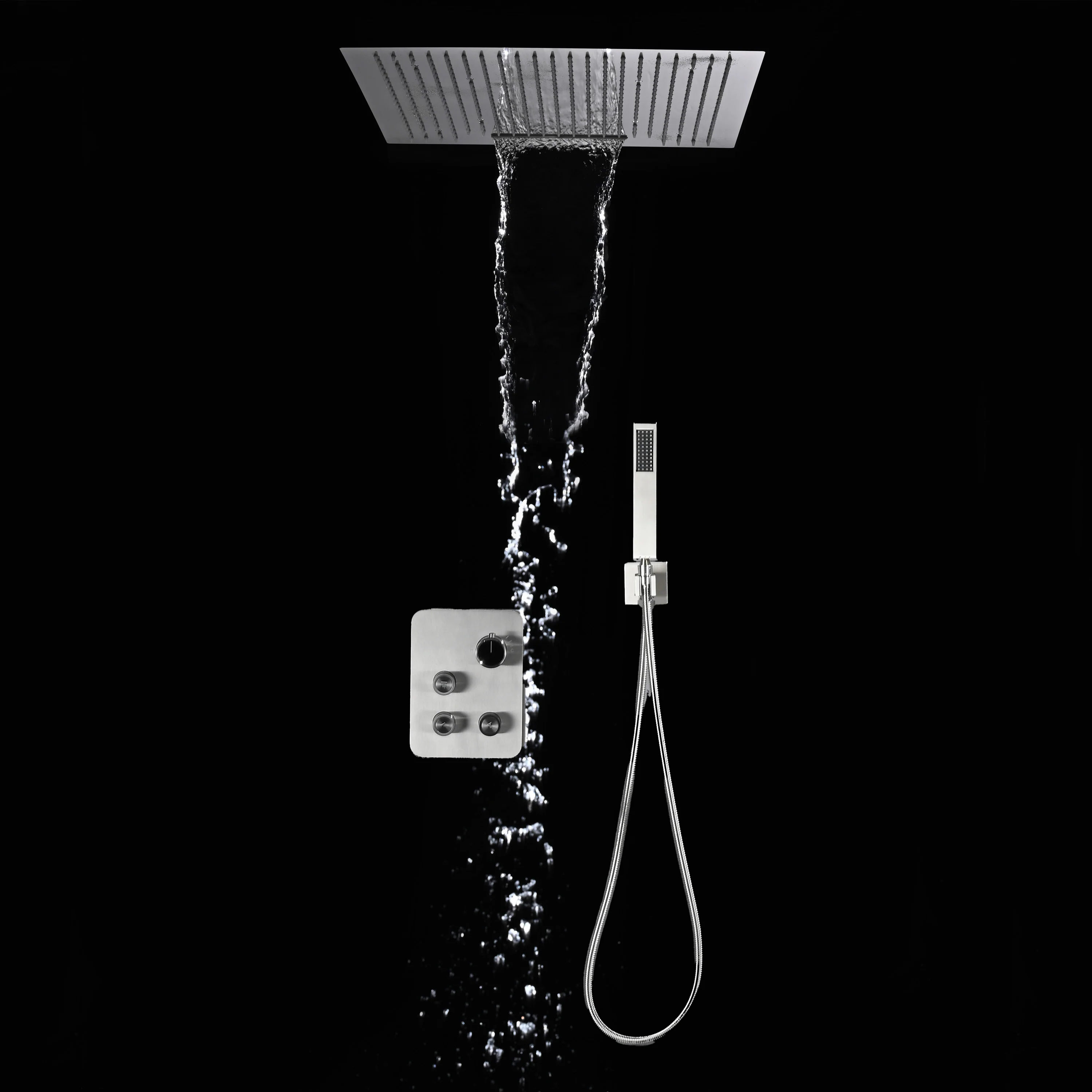 24 inch flush mount rainfall waterfall shower head  3 way thermostatic shower faucet with handle wand - Image 10