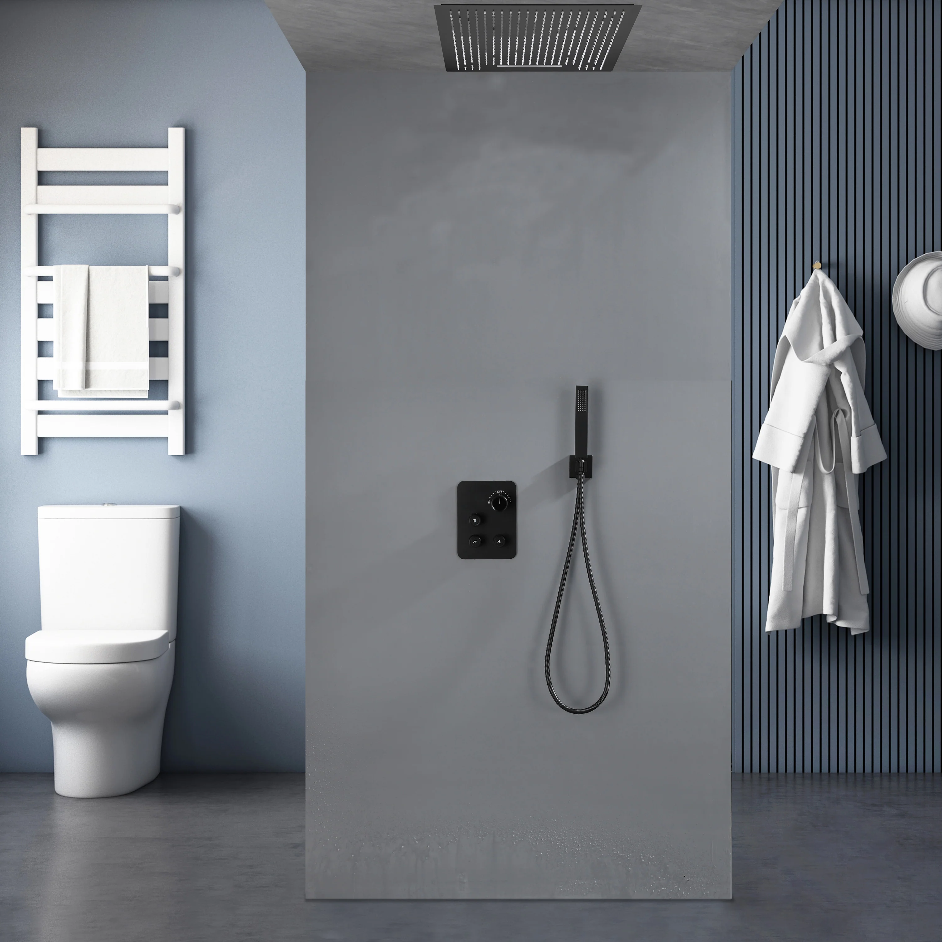 24 inch flush mount rainfall waterfall shower head  3 way thermostatic shower faucet with handle wand - Image 14