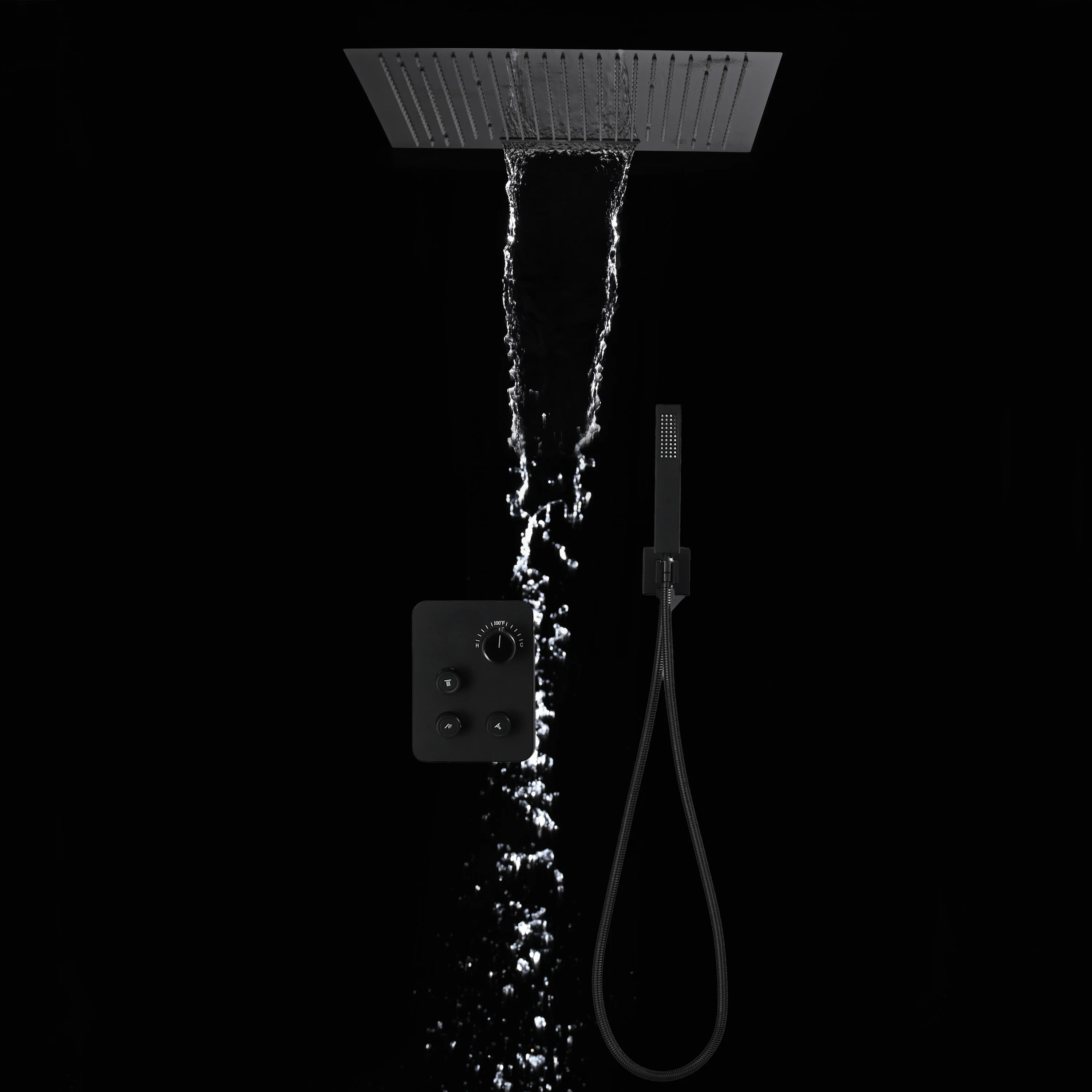 24 inch flush mount rainfall waterfall shower head  3 way thermostatic shower faucet with handle wand - Image 15