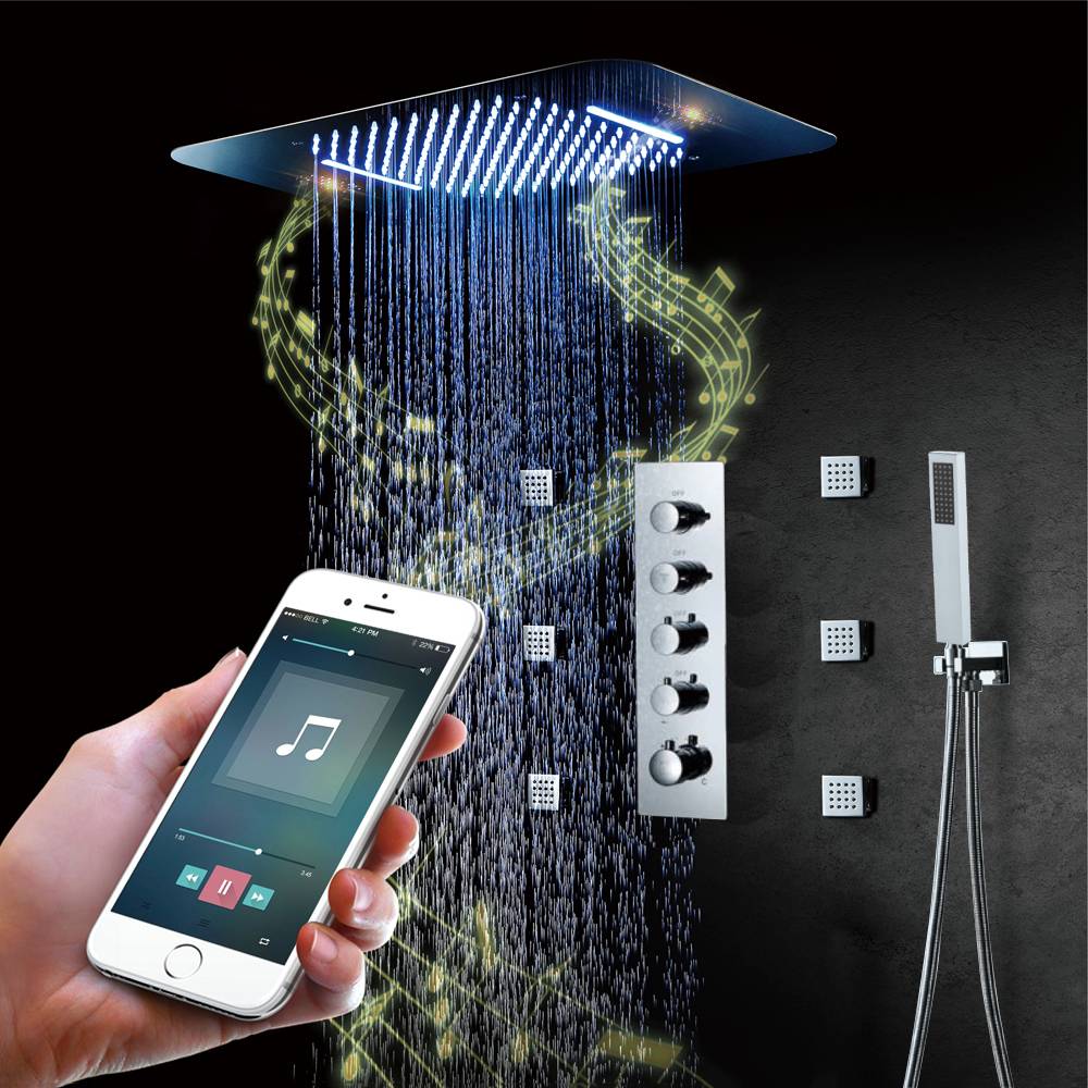 Brushed nickel Music LED Flushed in 23X 15inch shower head 4 way Digital display thermostatic valve that each function run at the same time and separately - Image 2