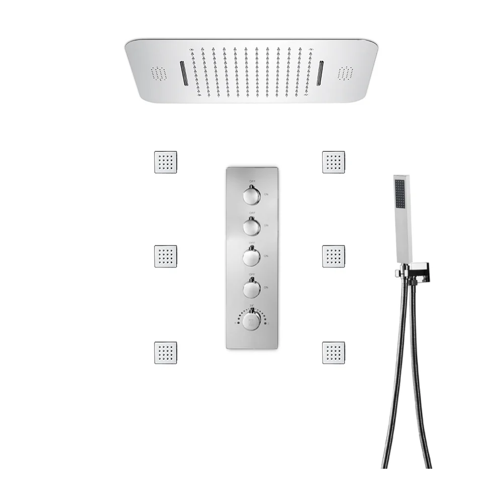 Brushed nickel Music LED Flushed in 23X 15inch shower head 4 way Digital display thermostatic valve that each function run at the same time and separately - Image 3