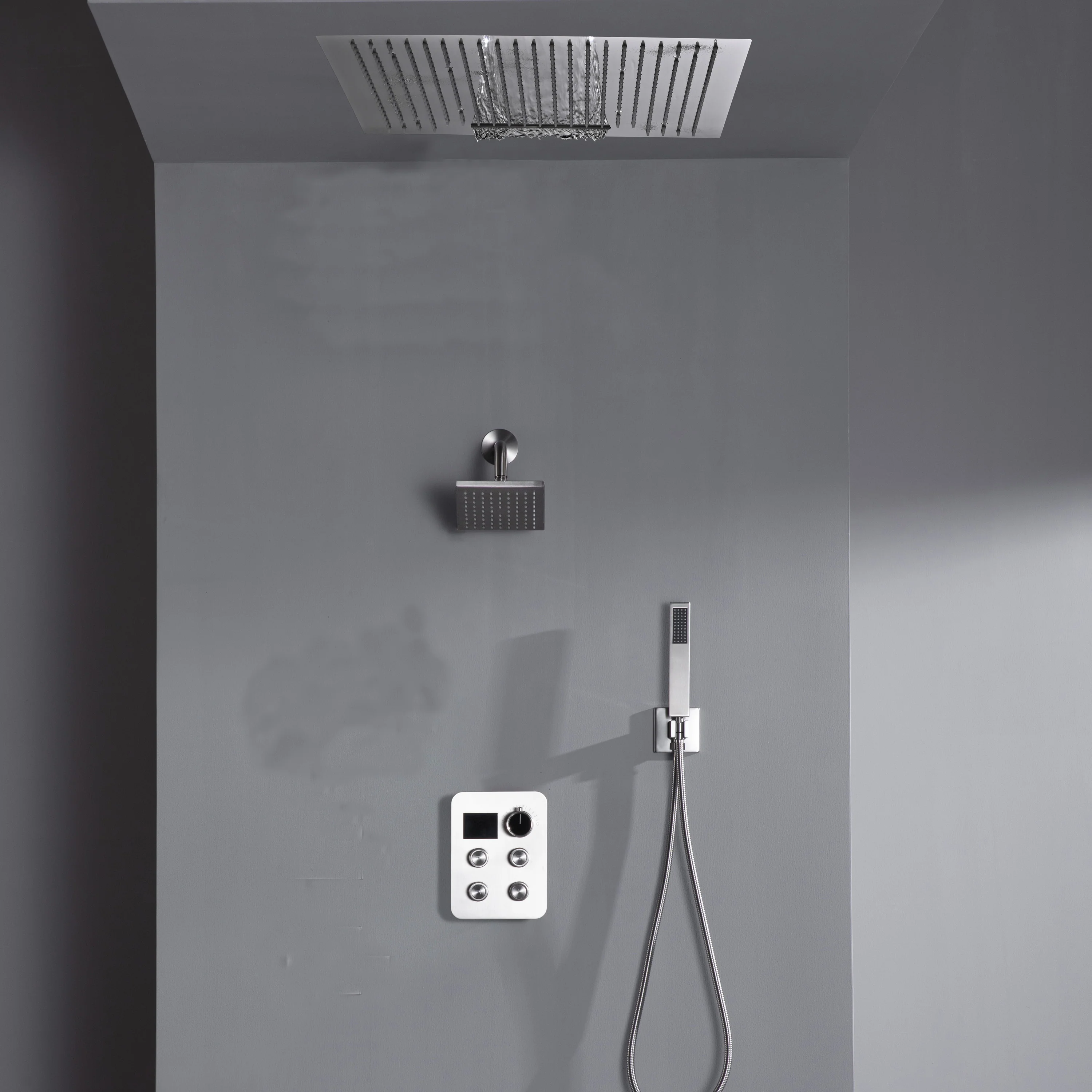24 inch flush mount rainfall waterfall shower head 4 way thermostatic shower faucet with handle wand and regular head - Image 10