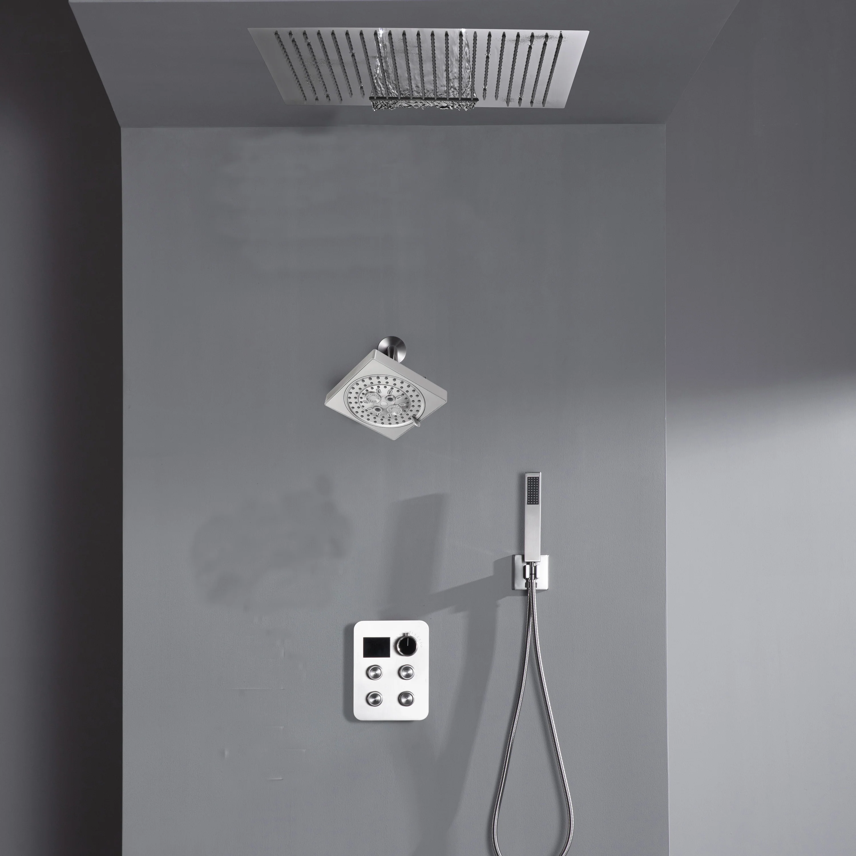 24 inch flush mount rainfall waterfall shower head 4 way thermostatic shower faucet with handle wand and regular head - Image 11