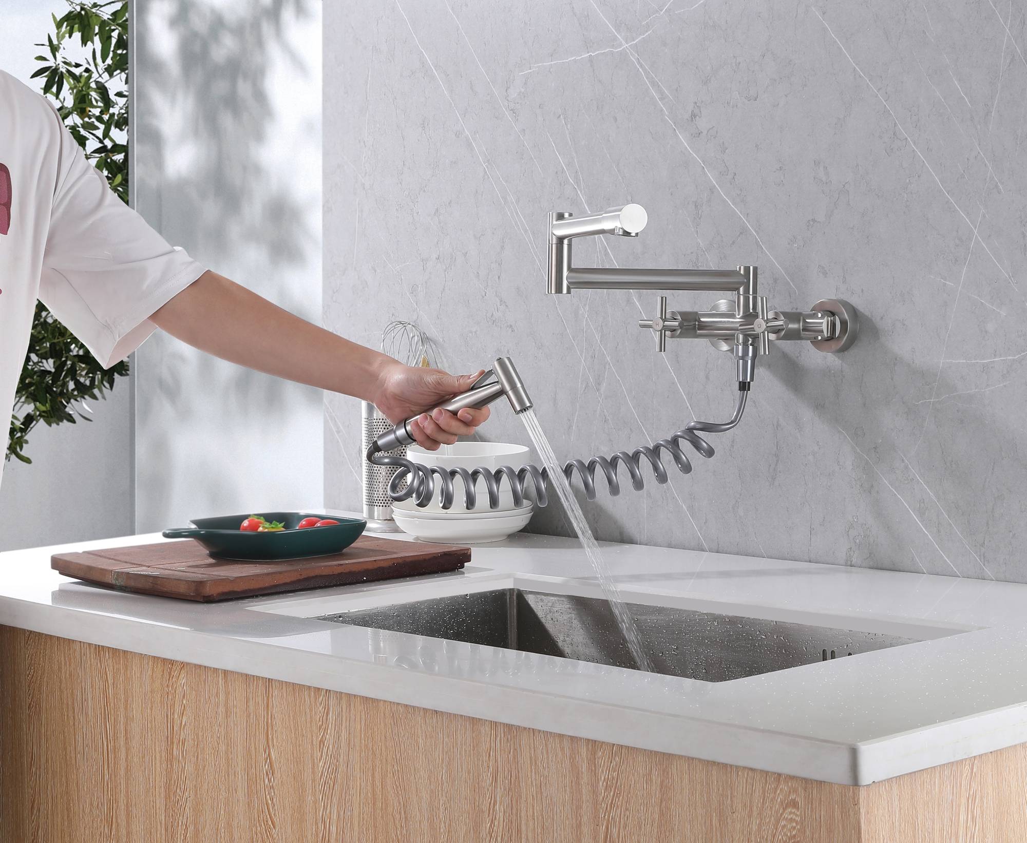 Brushed nickel Pot Filler Faucet Folding Stretchable Brass Hot & Cold Kitchen Faucet Wall Mount with side sprayer - Image 2
