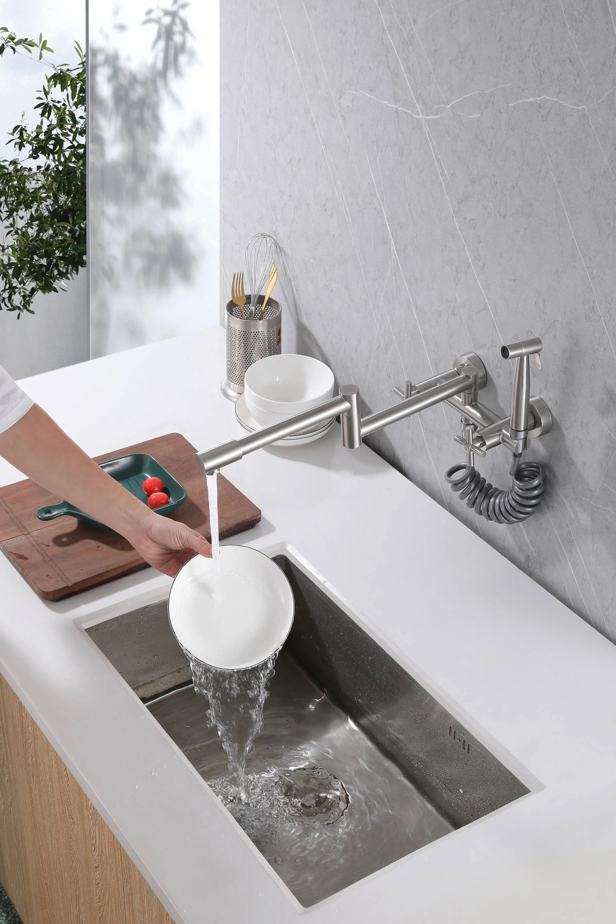 Brushed nickel Pot Filler Faucet Folding Stretchable Brass Hot & Cold Kitchen Faucet Wall Mount with side sprayer - Image 4