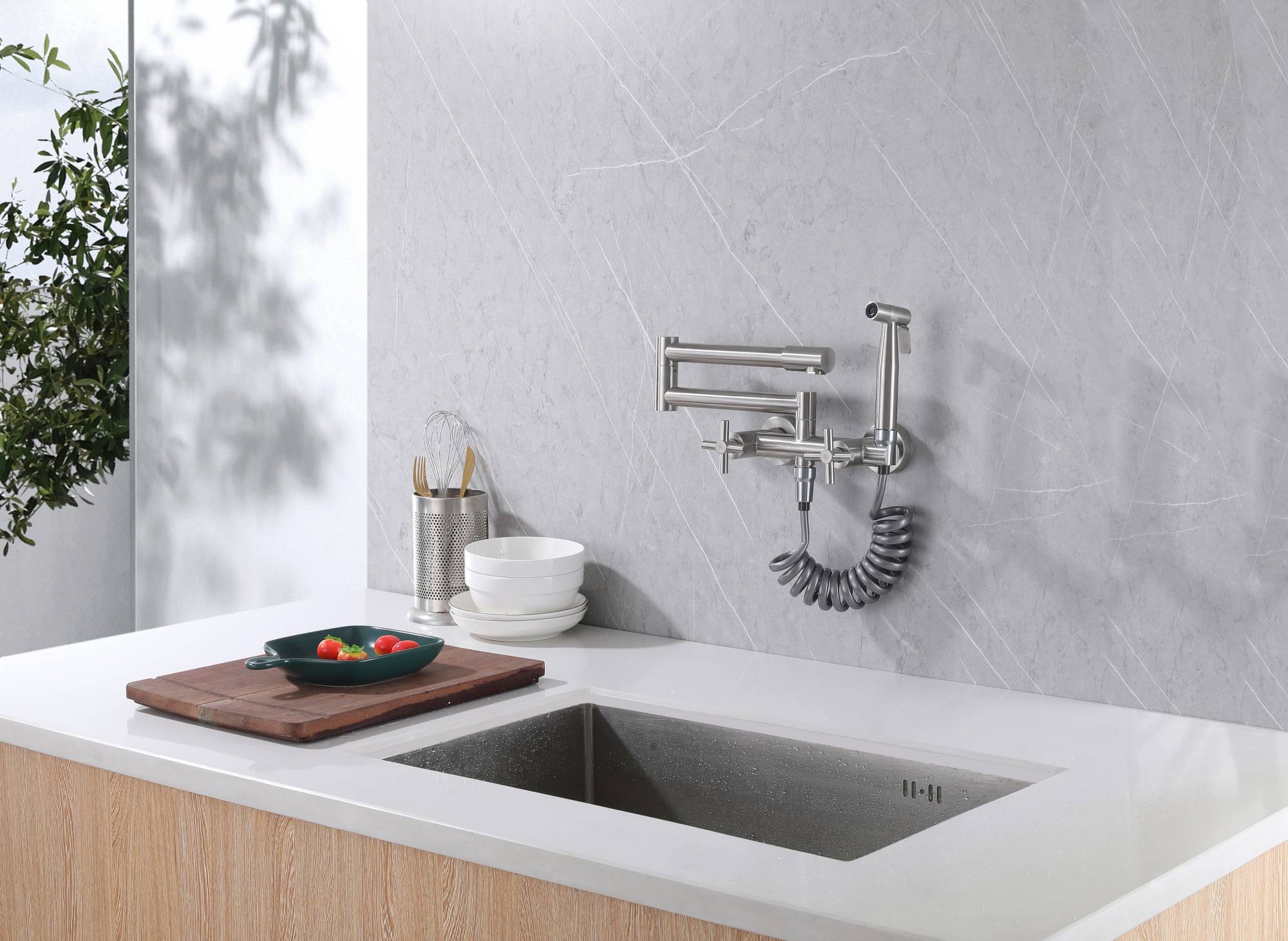 Brushed nickel Pot Filler Faucet Folding Stretchable Brass Hot & Cold Kitchen Faucet Wall Mount with side sprayer - Image 6