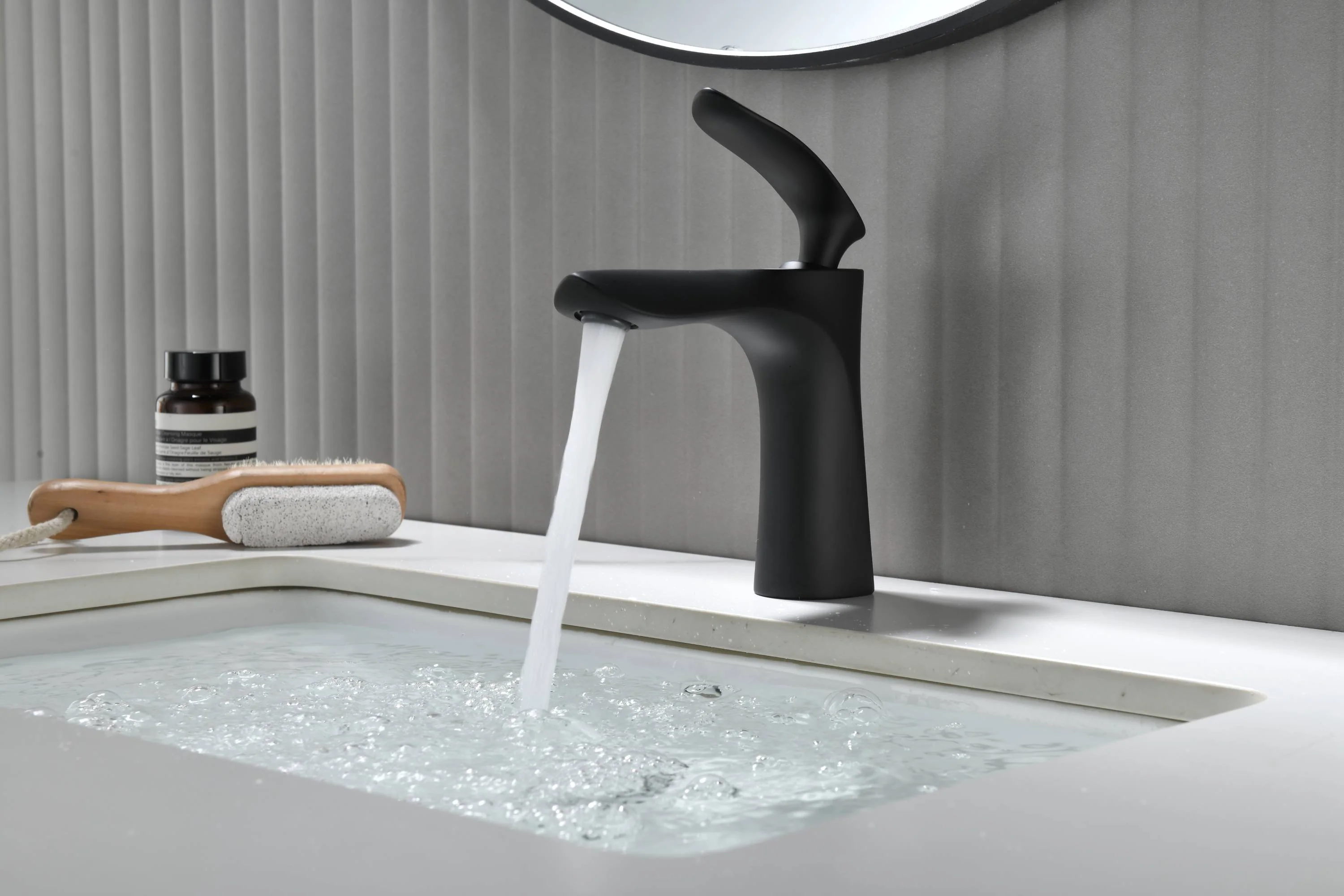 matte black single handle bathroom sink faucet with pop up non-overflow brass drain - Image 2