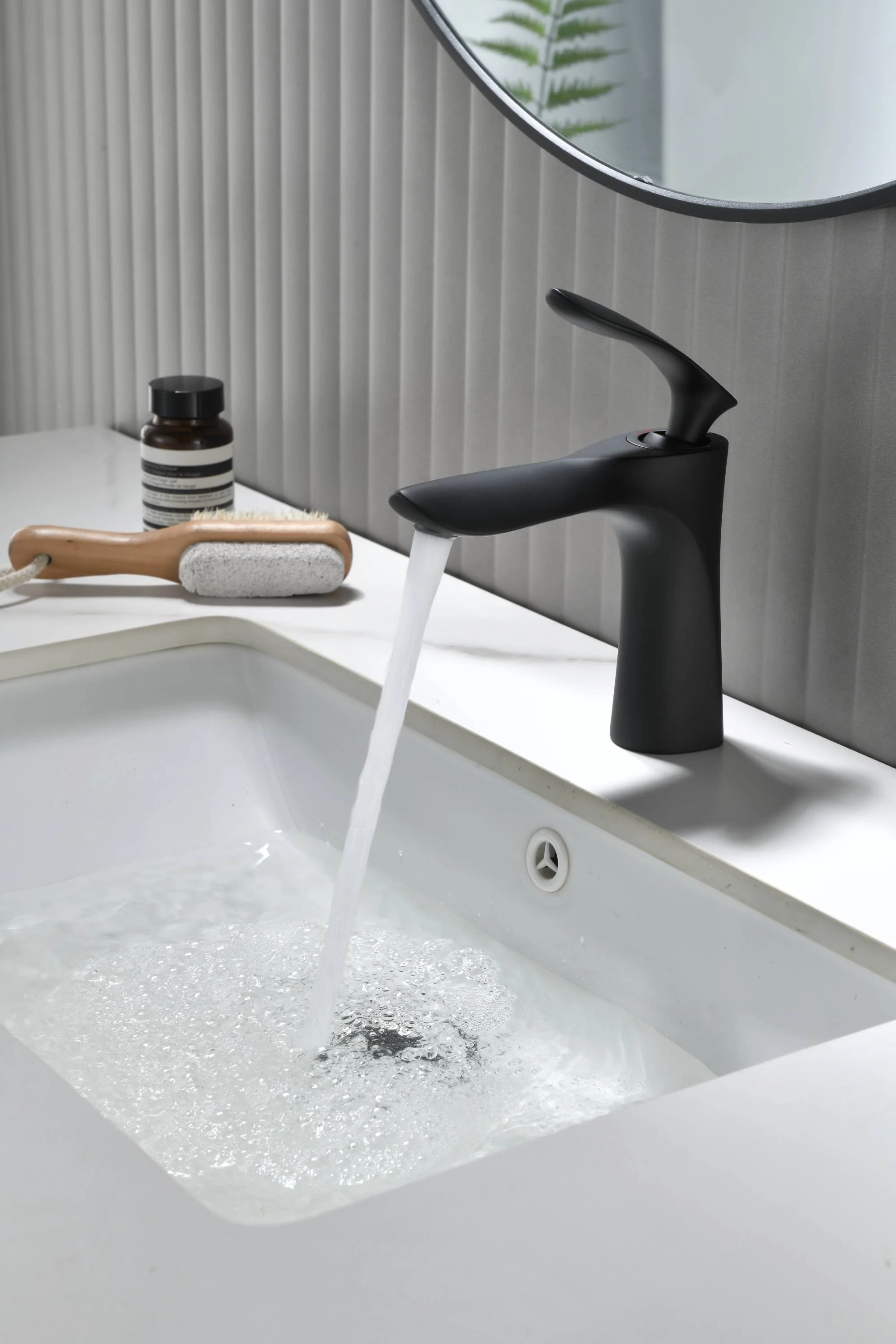 matte black single handle bathroom sink faucet with pop up non-overflow brass drain - Image 3