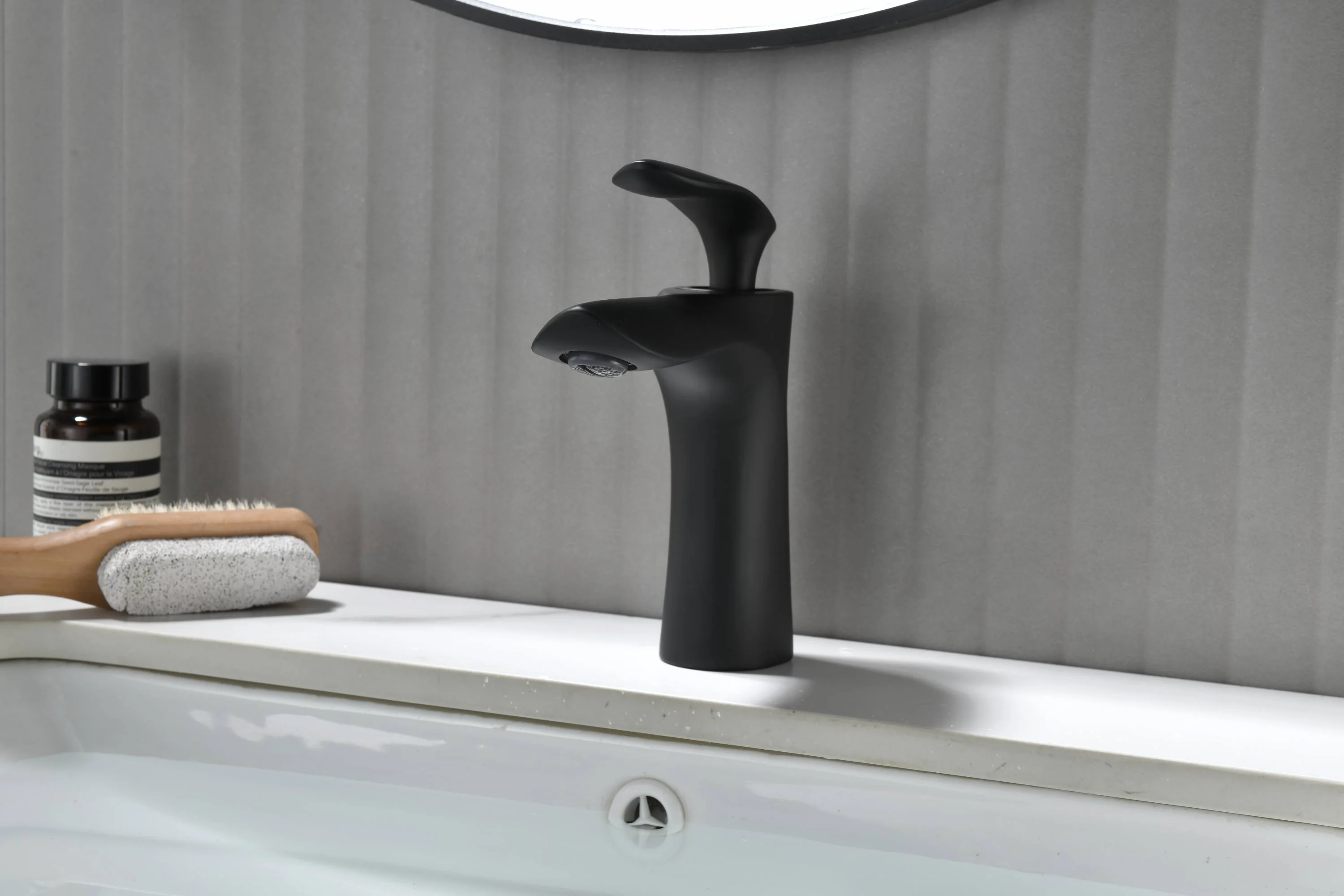 matte black single handle bathroom sink faucet with pop up non-overflow brass drain - Image 4