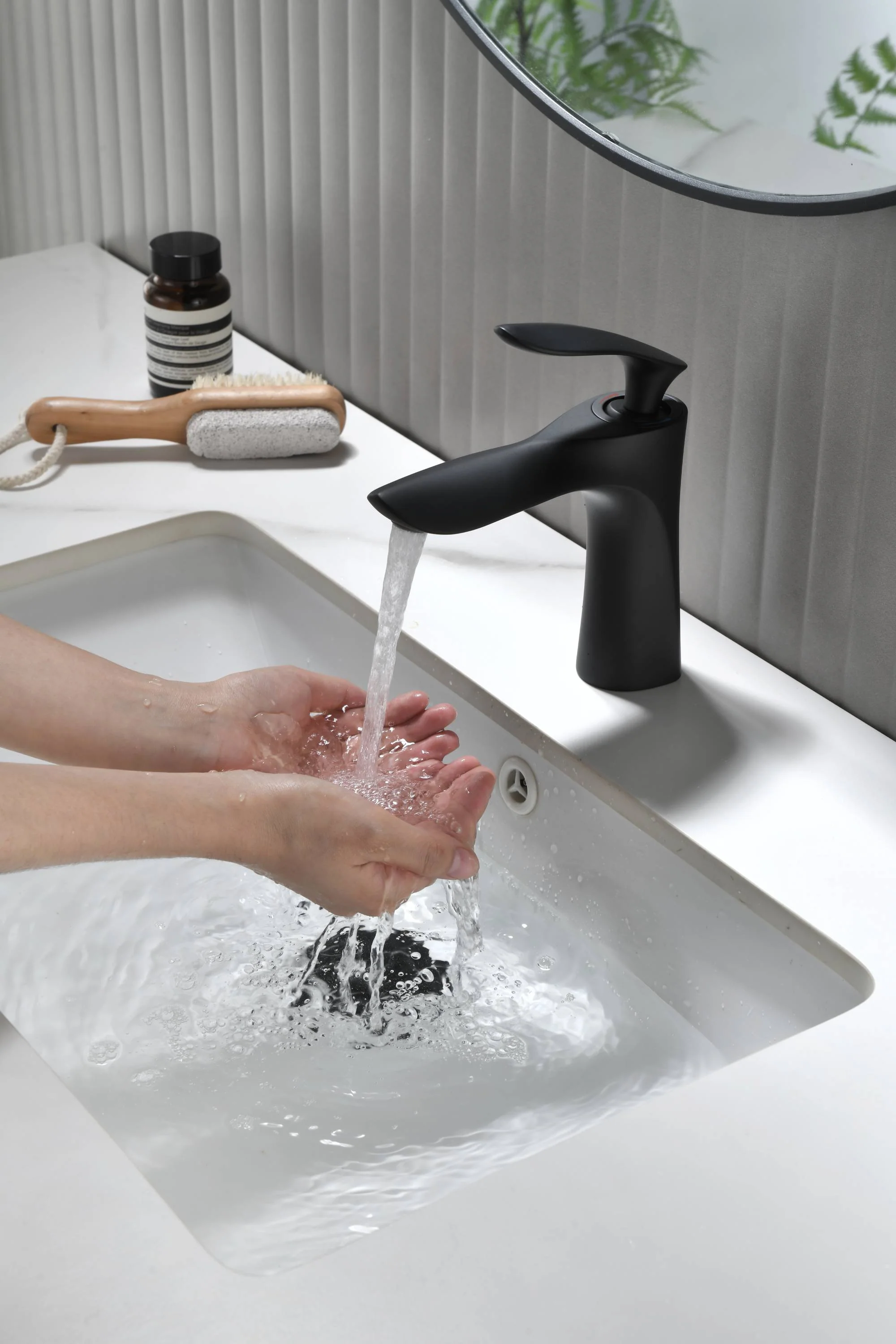 matte black single handle bathroom sink faucet with pop up non-overflow brass drain - Image 5