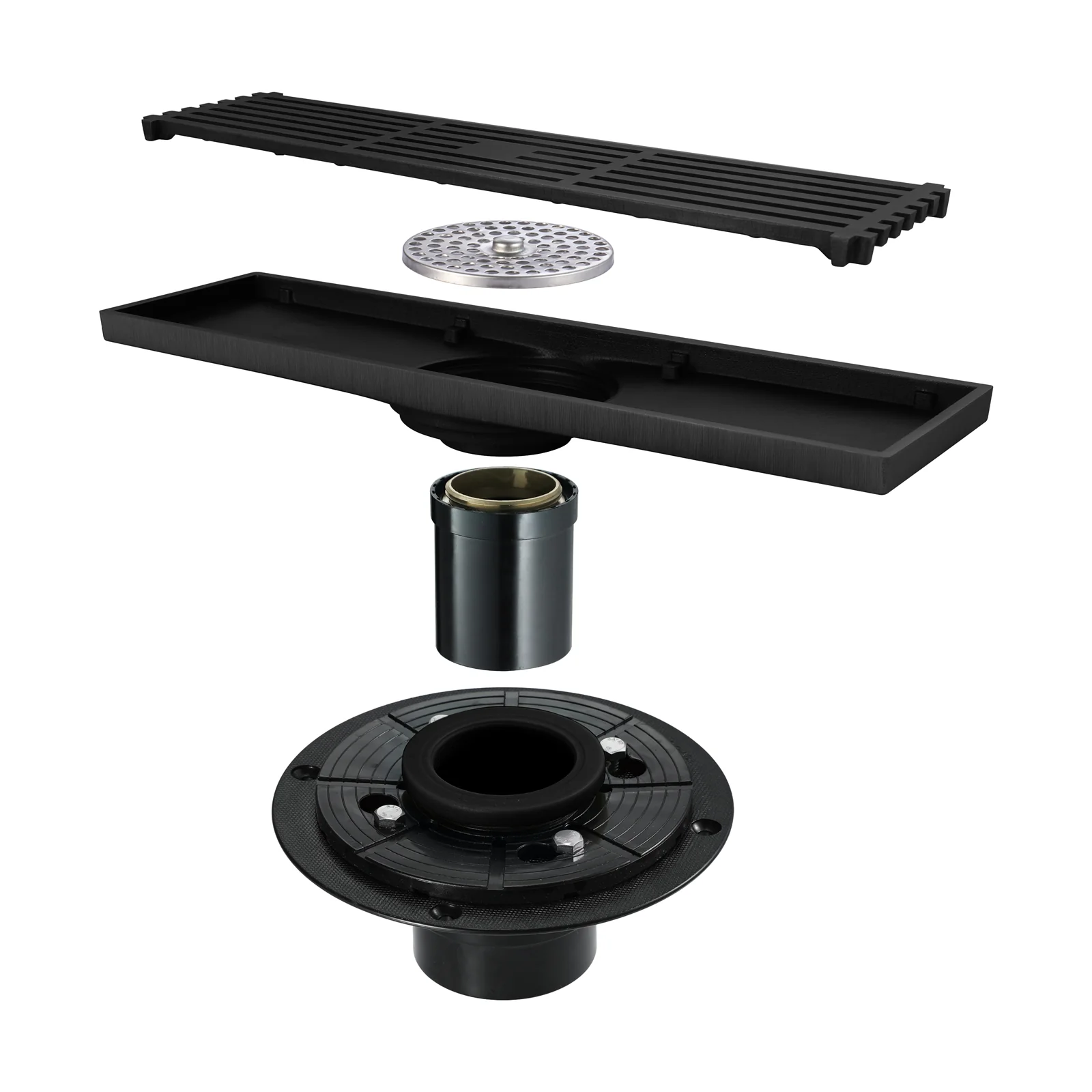 12-Inch Matte Black Rectangular Floor Drain - Square Hole Pattern Cover Grate - Removable - Includes Accessories - Image 3