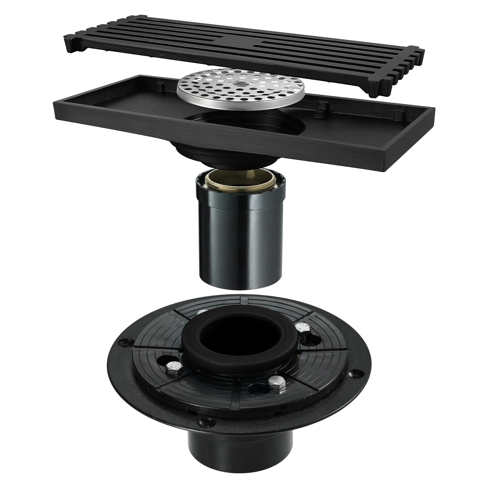 8 Inch Shower Linear Matte black Drain Rectangular Floor Drain with Accessories Square Hole Pattern Cover Grate Removable Matte Black Brass - Image 3