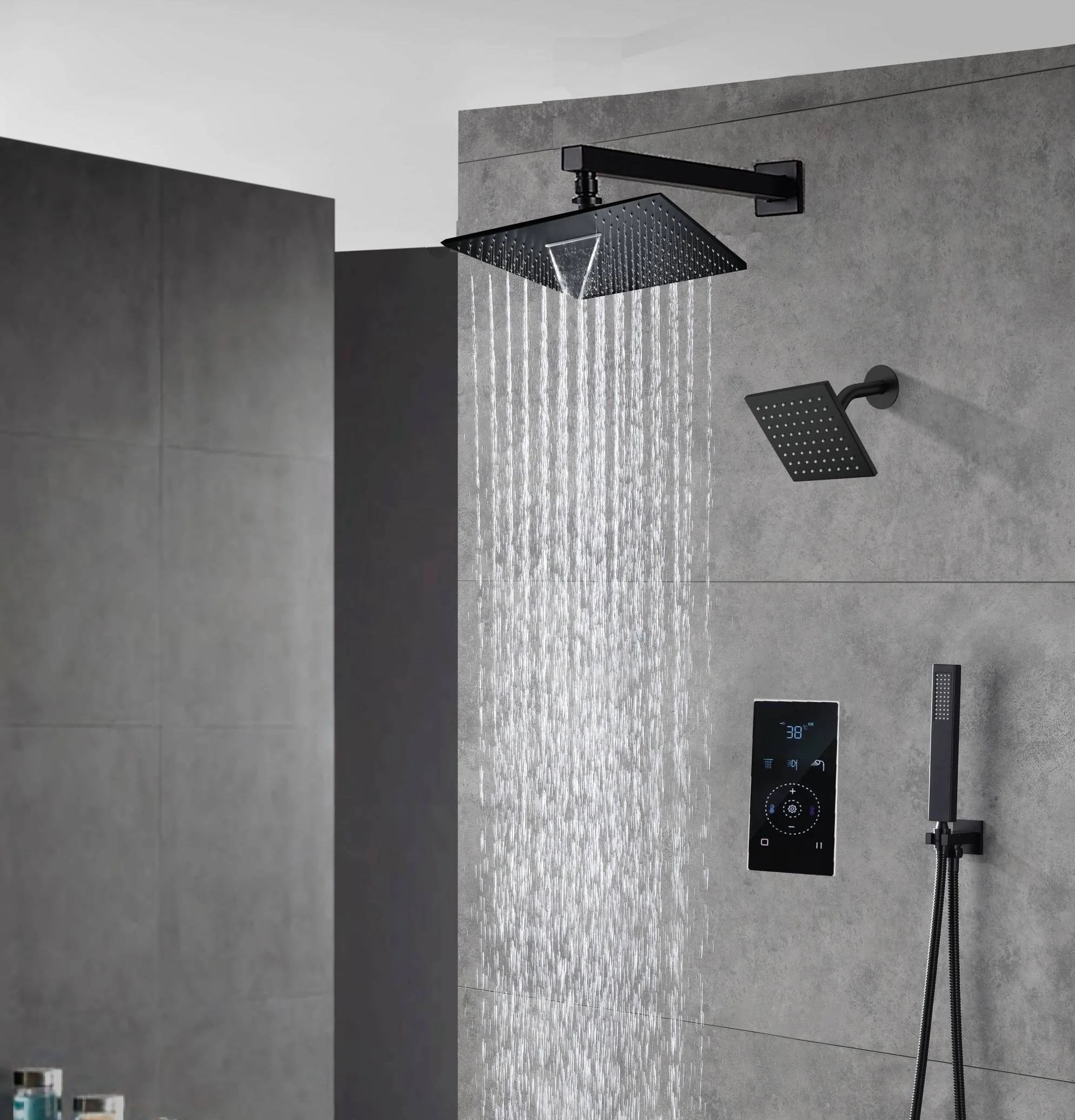 Matte Black Wall Mount 6" Regular Shower Head with 12" or 16" Rainfall Head, 3-Way Touch-screen Thermostatic System - Image 3