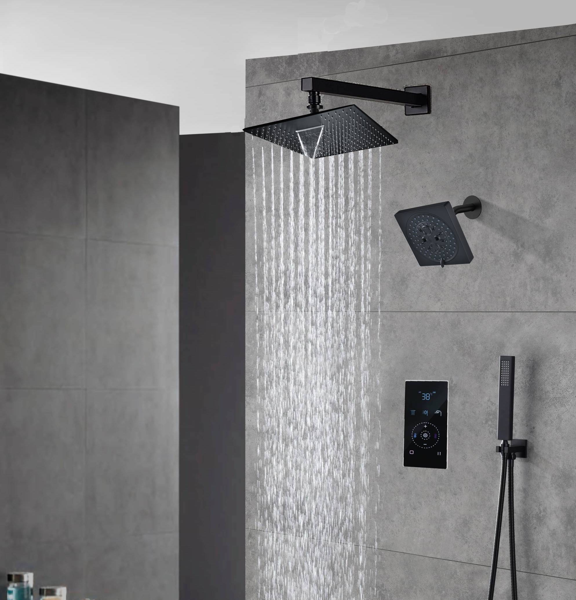 Matte Black Wall Mount 6" Regular Shower Head with 12" or 16" Rainfall Head, 3-Way Touch-screen Thermostatic System - Image 4