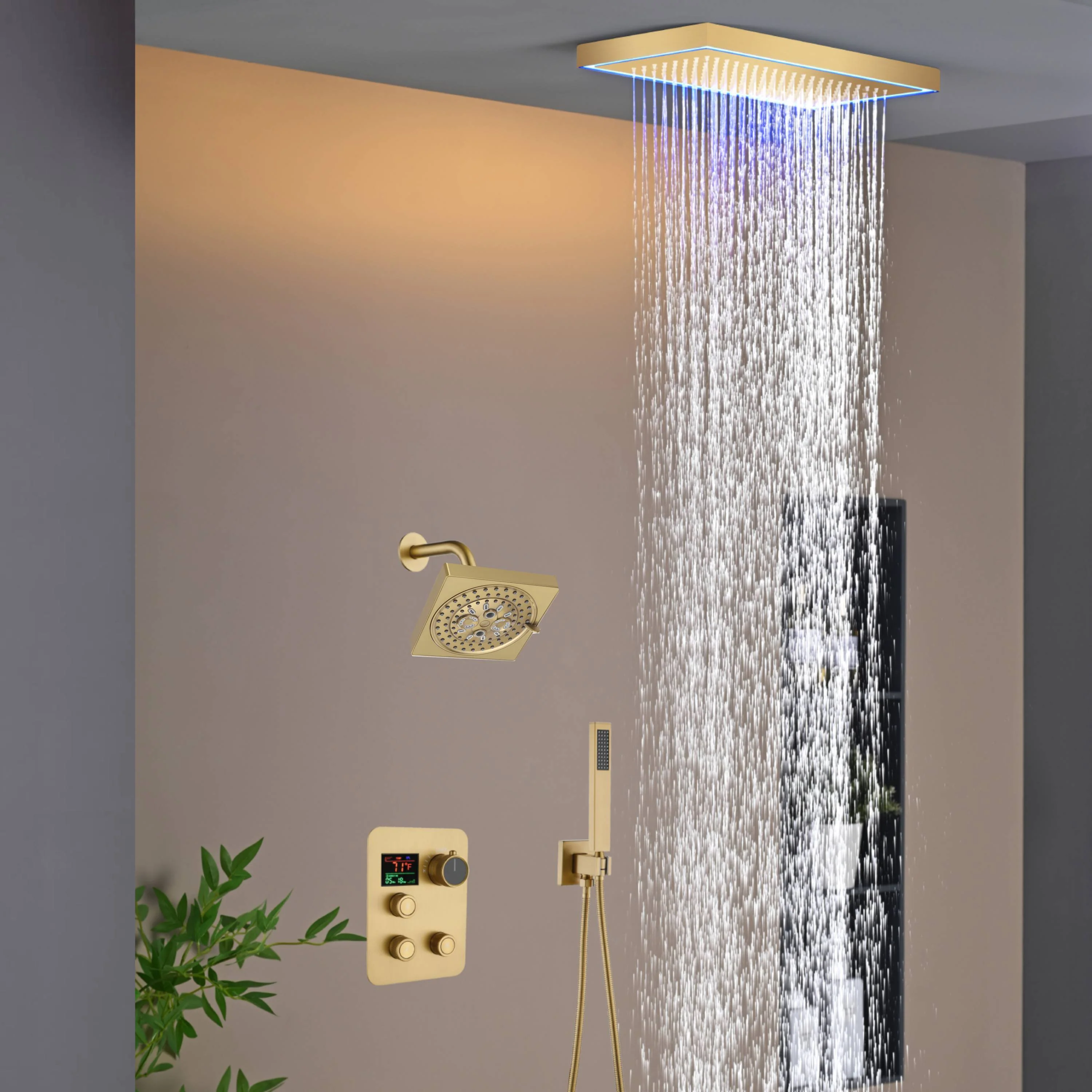 Matte Black or Brushed Gold or Brushed Nickel 16 x 8 inch rainfall Flush mount  Shower Head 3-Way Thermostatic Shower Faucet with 6'' regular head - Image 16