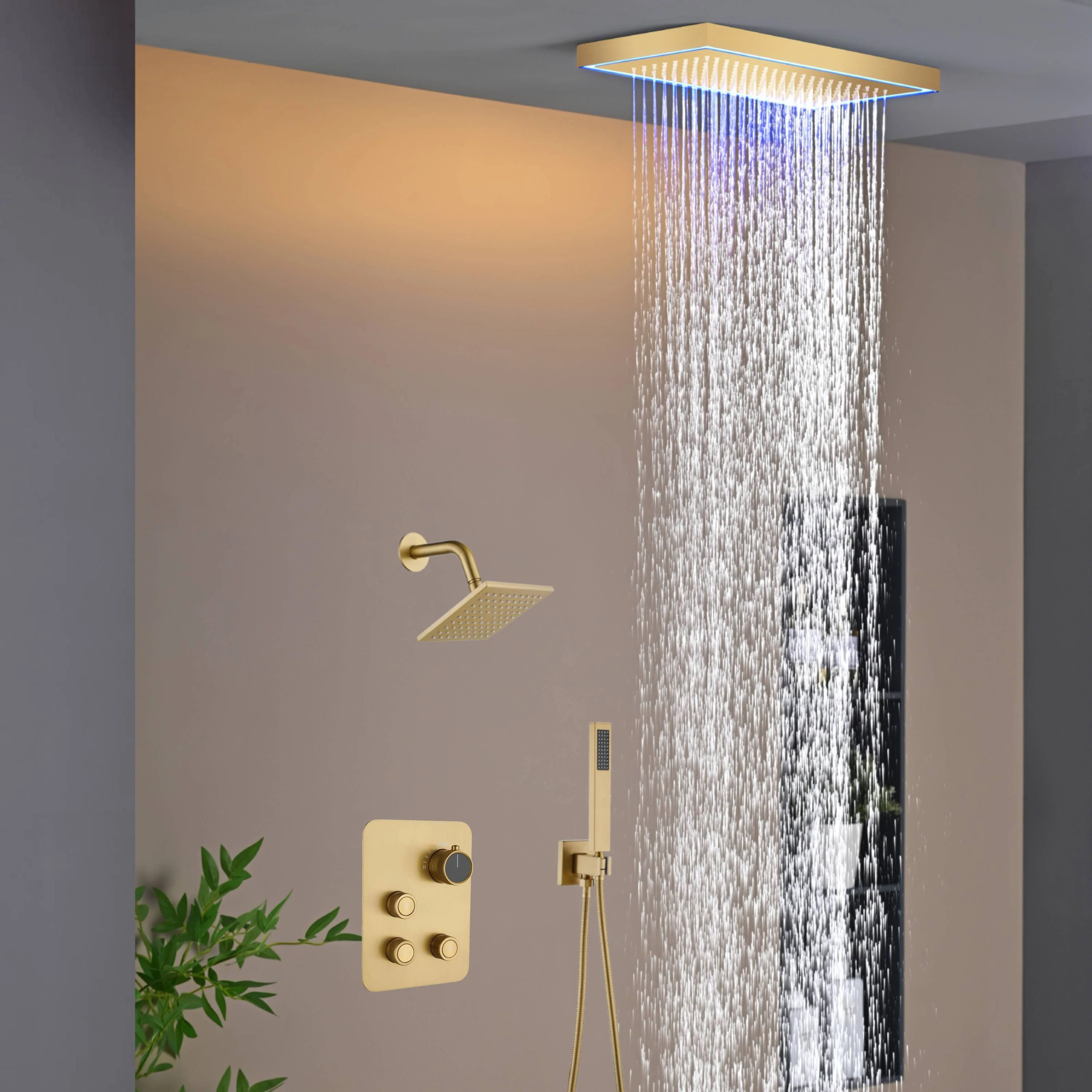 Matte Black or Brushed Gold or Brushed Nickel 16 x 8 inch rainfall Flush mount  Shower Head 3-Way Thermostatic Shower Faucet with 6'' regular head - Image 17