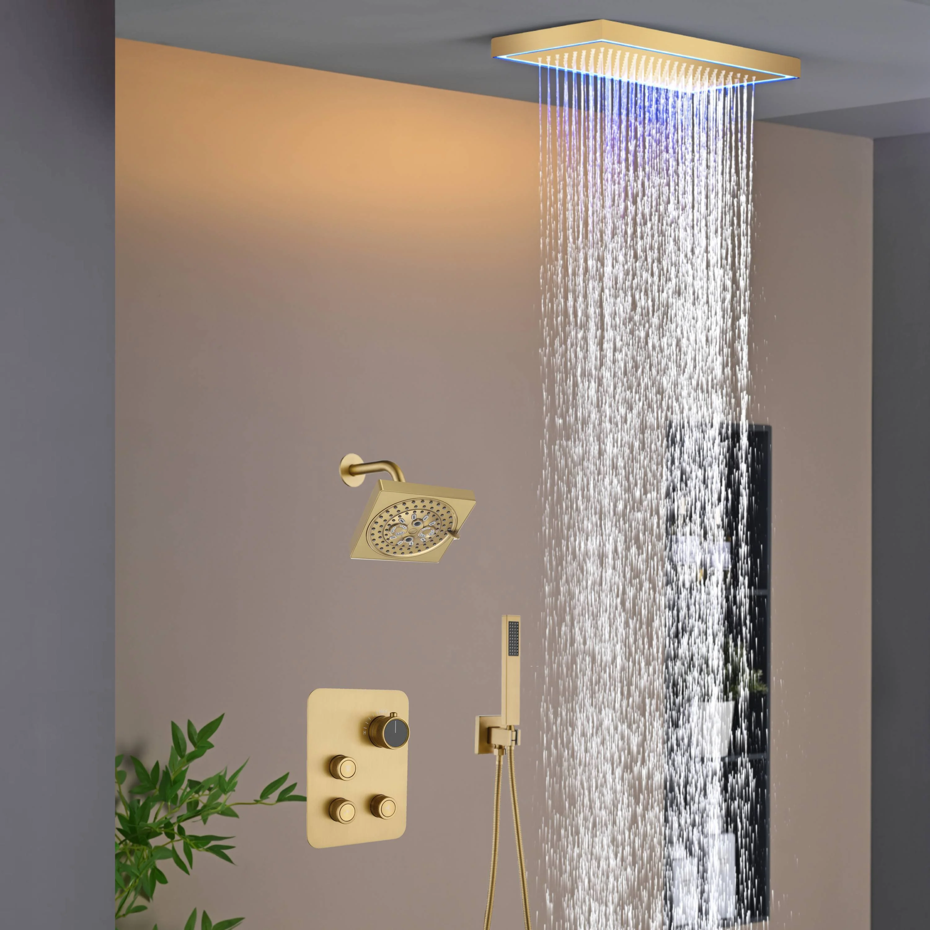 Matte Black or Brushed Gold or Brushed Nickel 16 x 8 inch rainfall Flush mount  Shower Head 3-Way Thermostatic Shower Faucet with 6'' regular head - Image 18