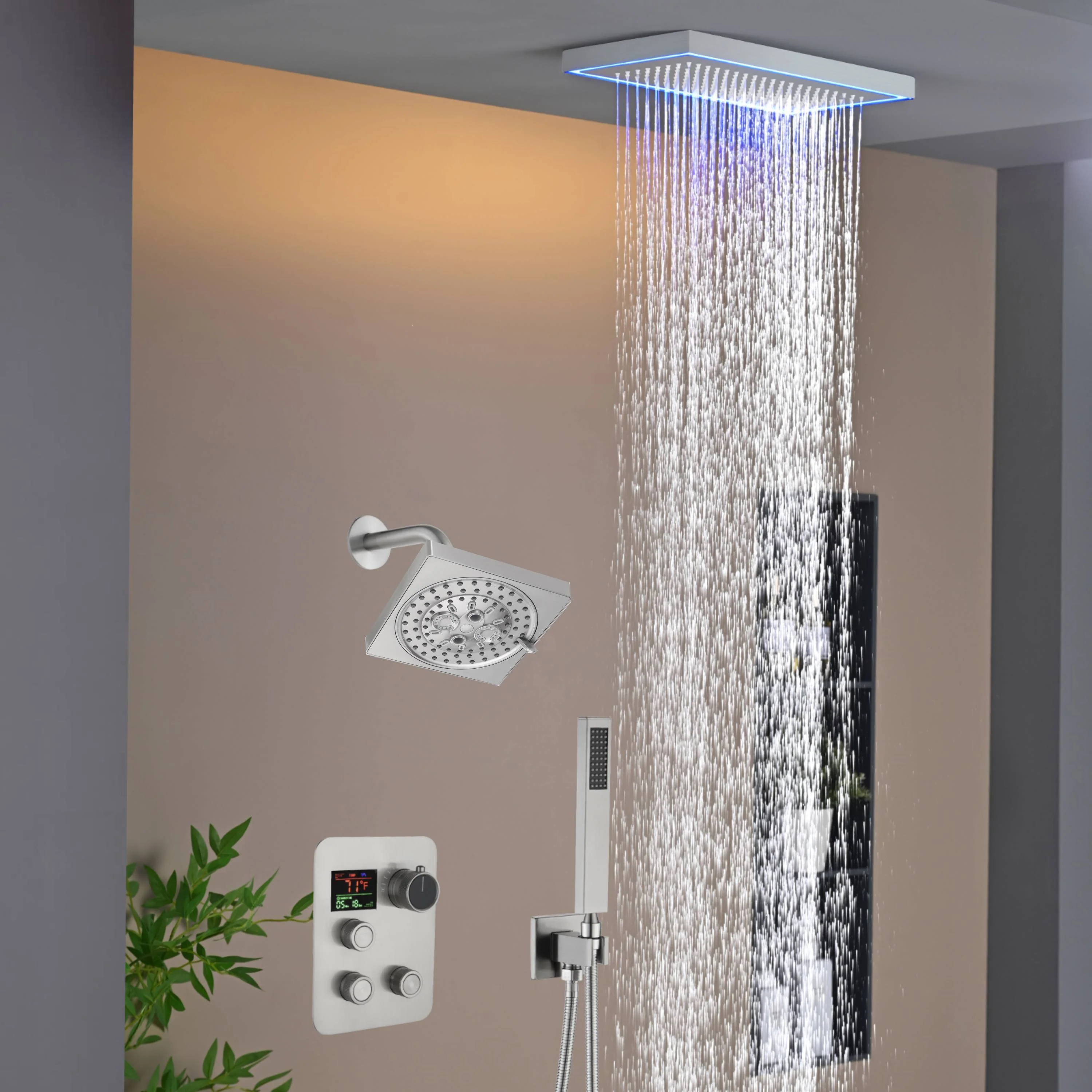 Matte Black or Brushed Gold or Brushed Nickel 16 x 8 inch rainfall Flush mount  Shower Head 3-Way Thermostatic Shower Faucet with 6'' regular head - Image 2