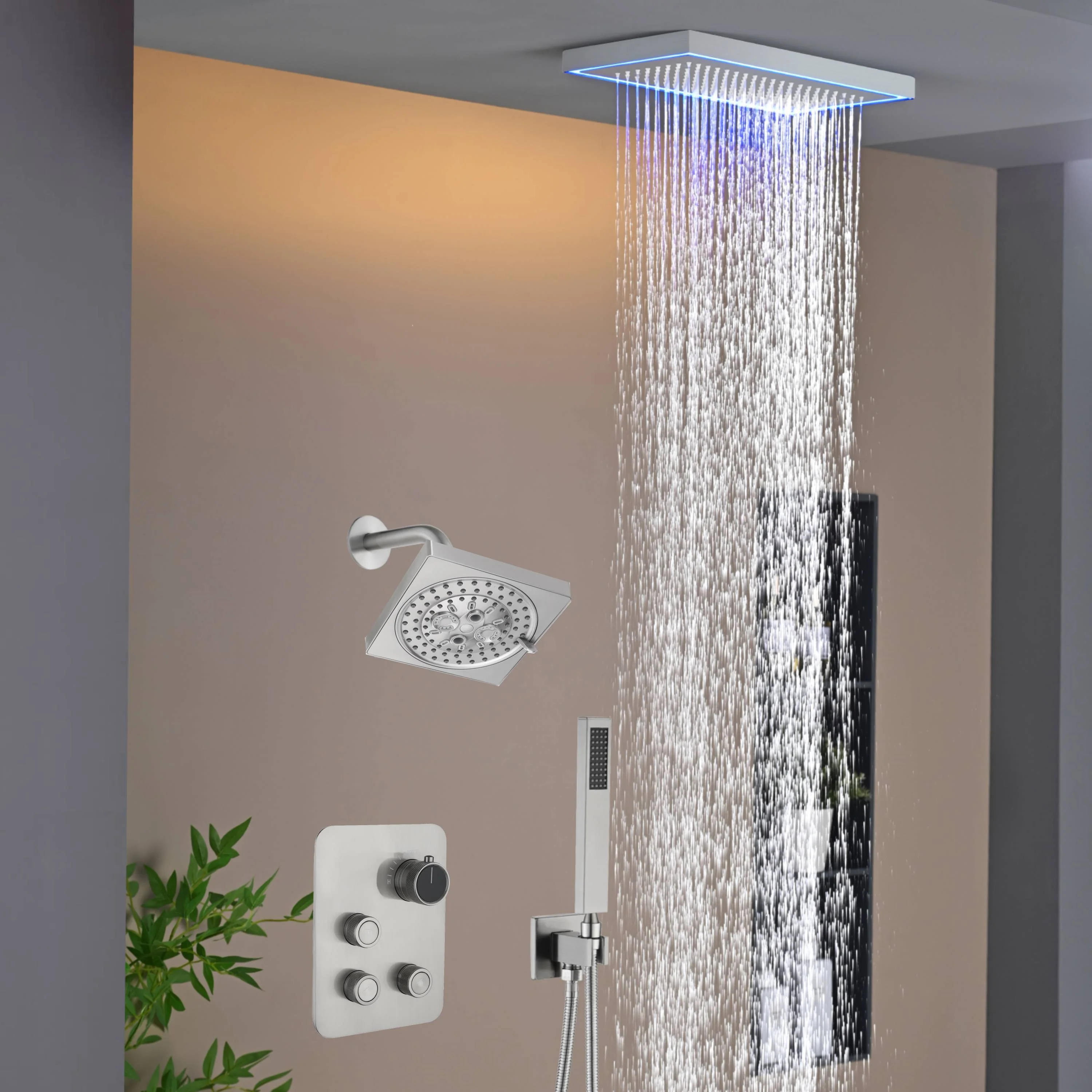 Matte Black or Brushed Gold or Brushed Nickel 16 x 8 inch rainfall Flush mount  Shower Head 3-Way Thermostatic Shower Faucet with 6'' regular head - Image 3