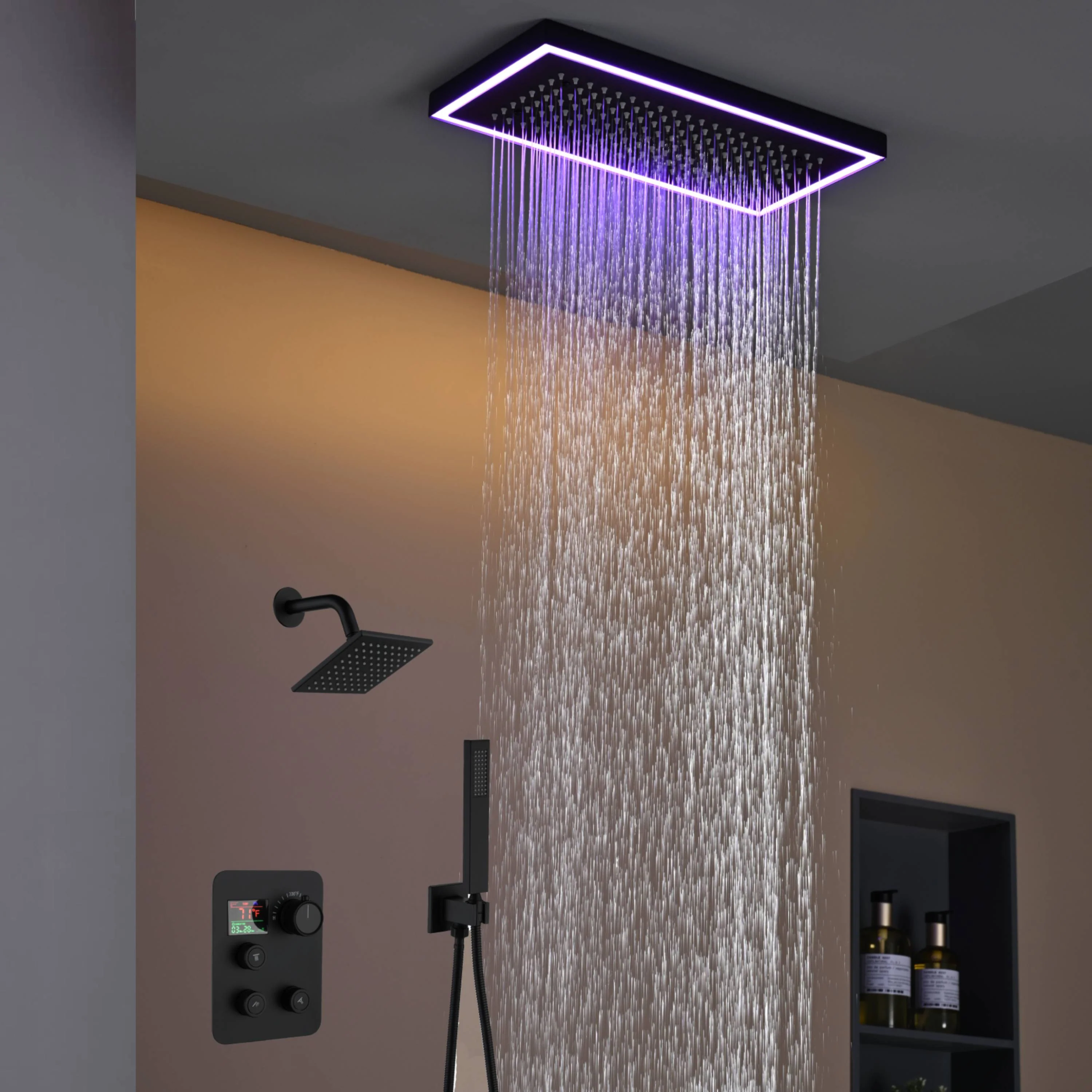 Matte Black or Brushed Gold or Brushed Nickel 16 x 8 inch rainfall Flush mount  Shower Head 3-Way Thermostatic Shower Faucet with 6'' regular head - Image 30