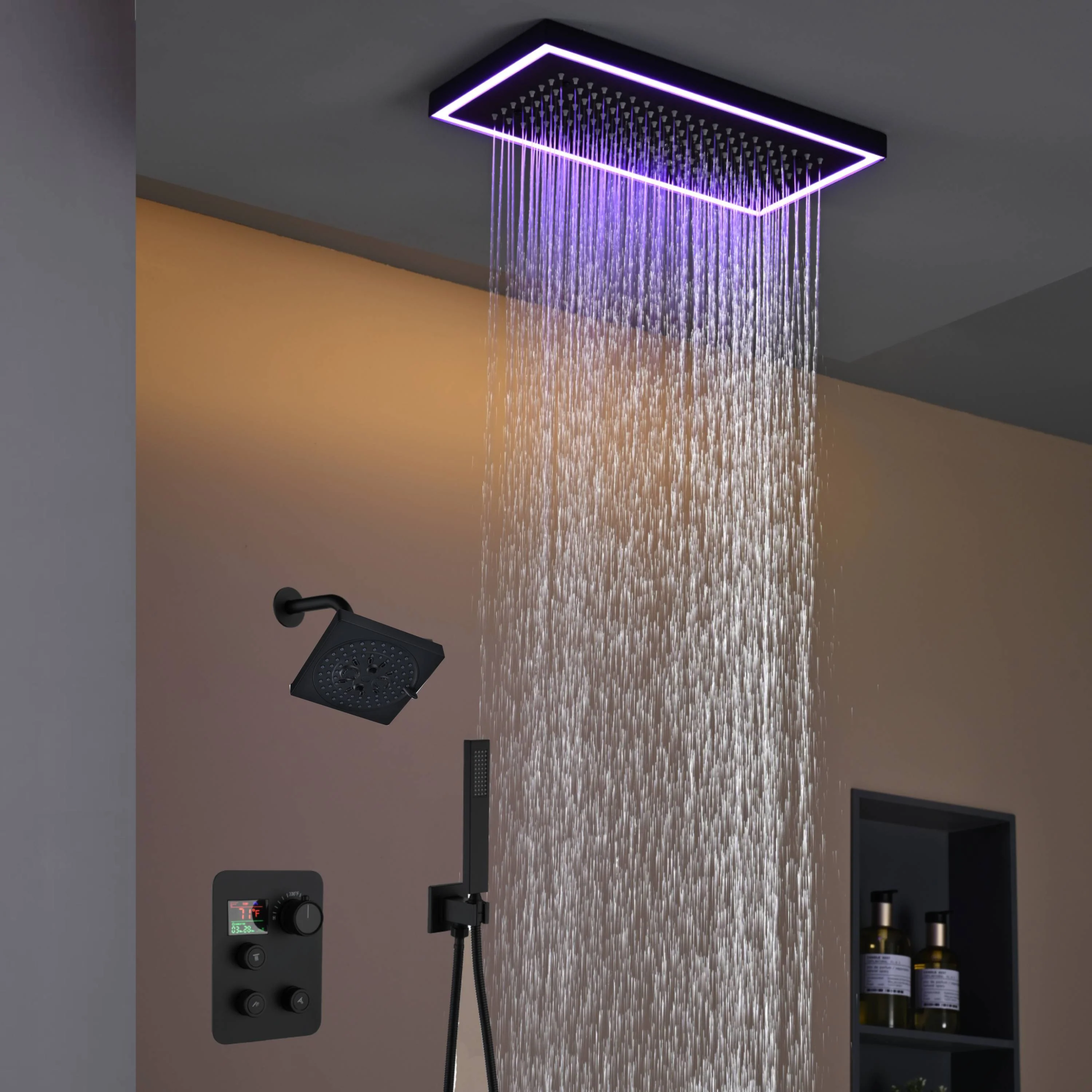 Matte Black or Brushed Gold or Brushed Nickel 16 x 8 inch rainfall Flush mount  Shower Head 3-Way Thermostatic Shower Faucet with 6'' regular head - Image 31