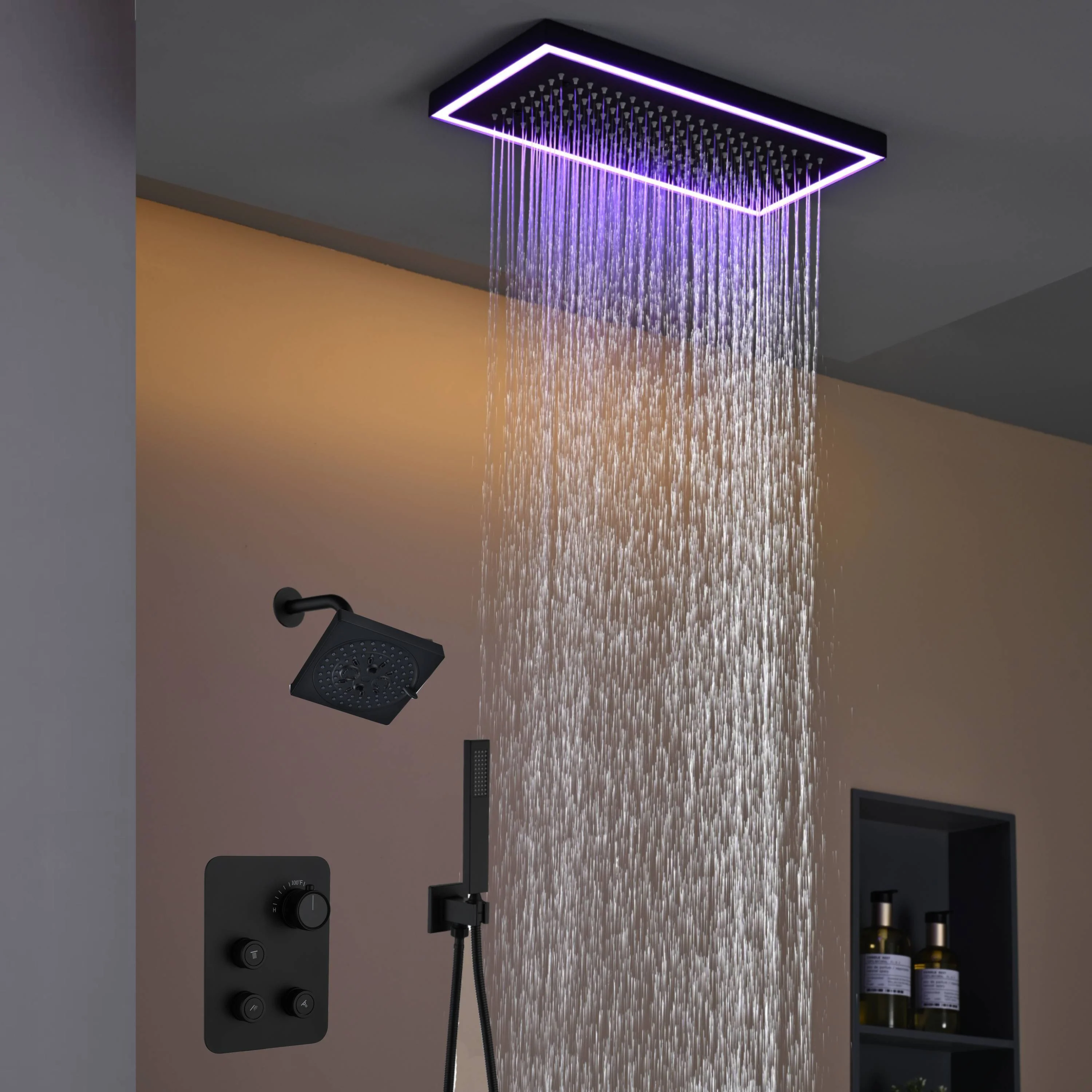 Matte Black or Brushed Gold or Brushed Nickel 16 x 8 inch rainfall Flush mount  Shower Head 3-Way Thermostatic Shower Faucet with 6'' regular head - Image 32