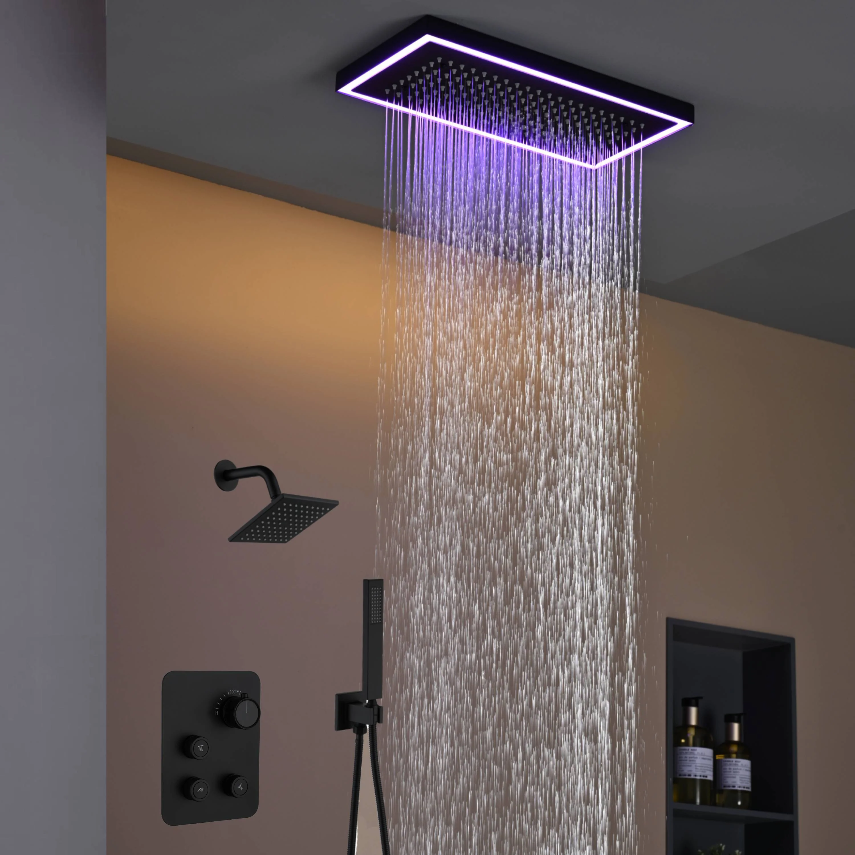 Matte Black or Brushed Gold or Brushed Nickel 16 x 8 inch rainfall Flush mount  Shower Head 3-Way Thermostatic Shower Faucet with 6'' regular head - Image 33