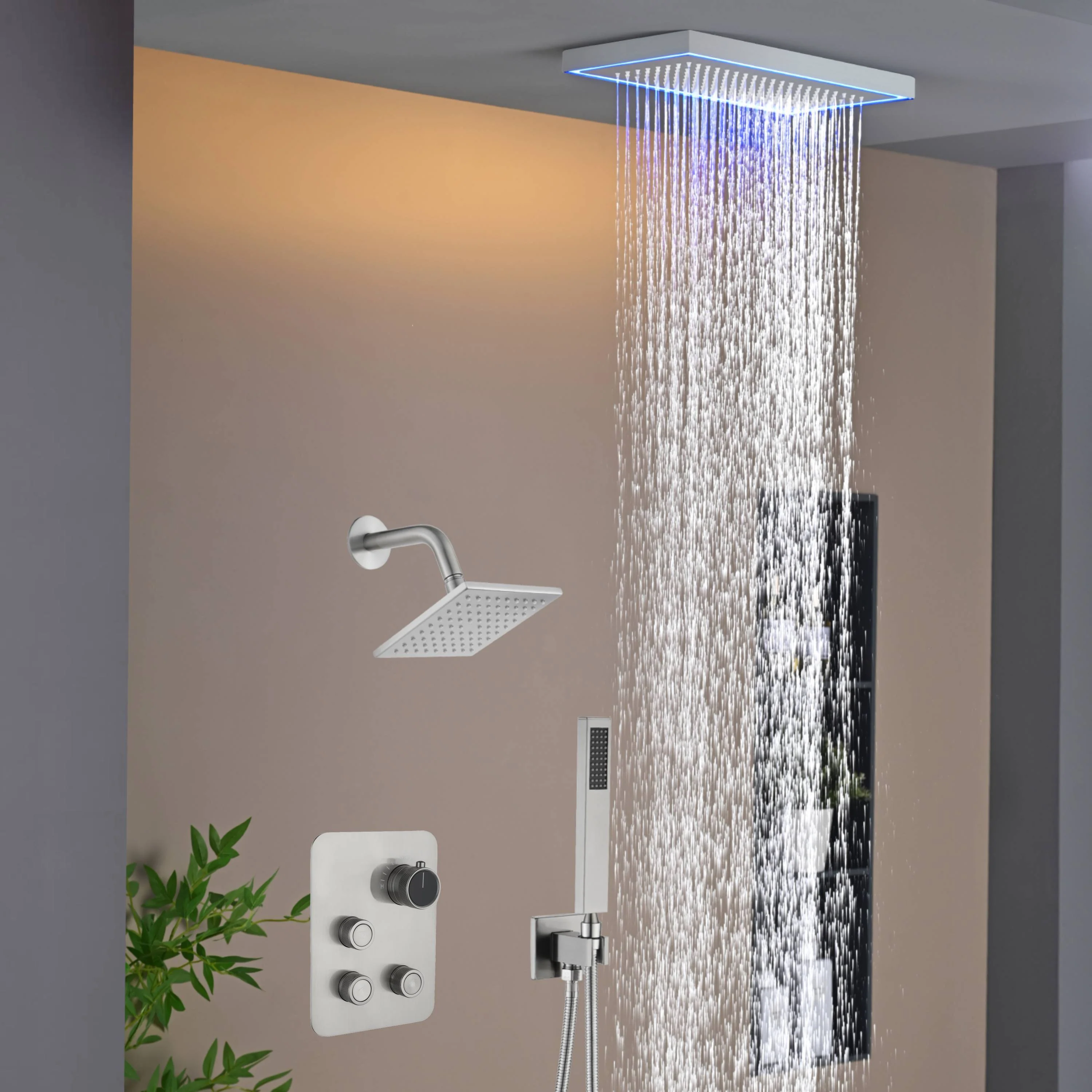 Matte Black or Brushed Gold or Brushed Nickel 16 x 8 inch rainfall Flush mount  Shower Head 3-Way Thermostatic Shower Faucet with 6'' regular head - Image 4