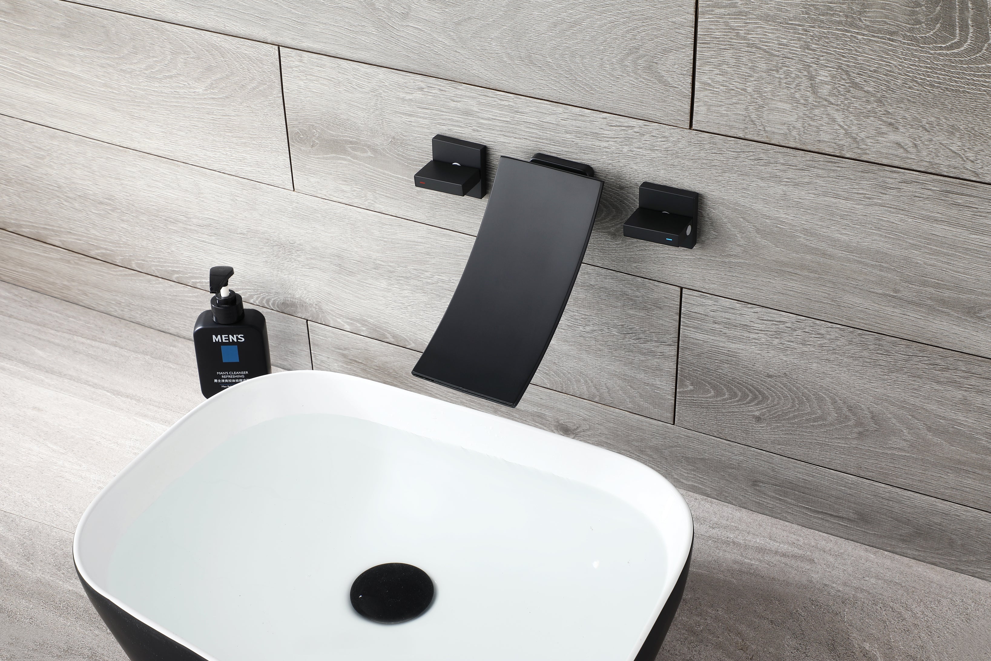 Matte Black Wall Mount Waterfall Bathroom Sink Faucet with Overflow Brass Pop-Up Drain - Image 2