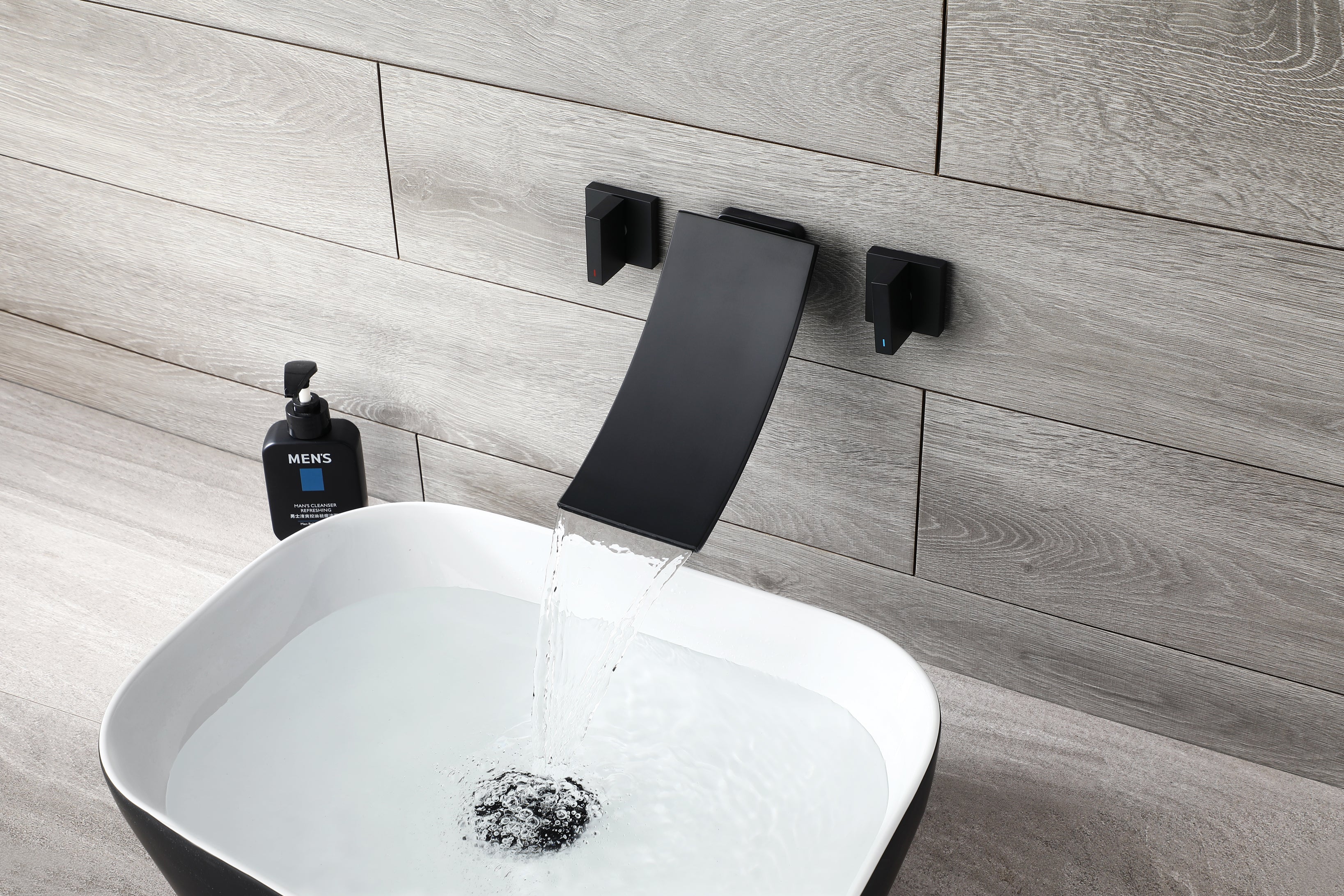 Matte Black Wall Mount Waterfall Bathroom Sink Faucet with Overflow Brass Pop-Up Drain - Image 3