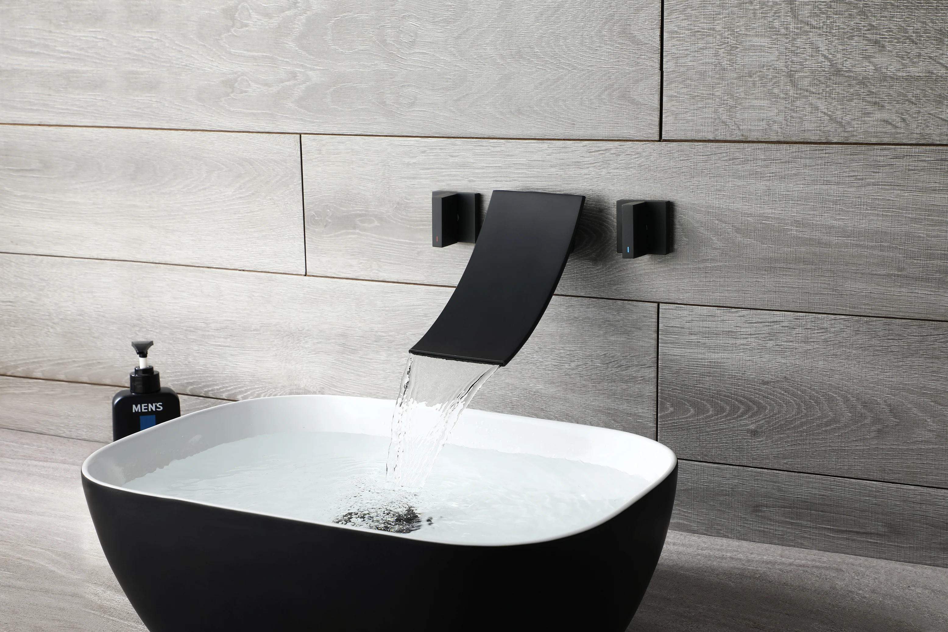 Matte Black Wall Mount Waterfall Bathroom Sink Faucet with Overflow Brass Pop-Up Drain - Image 4