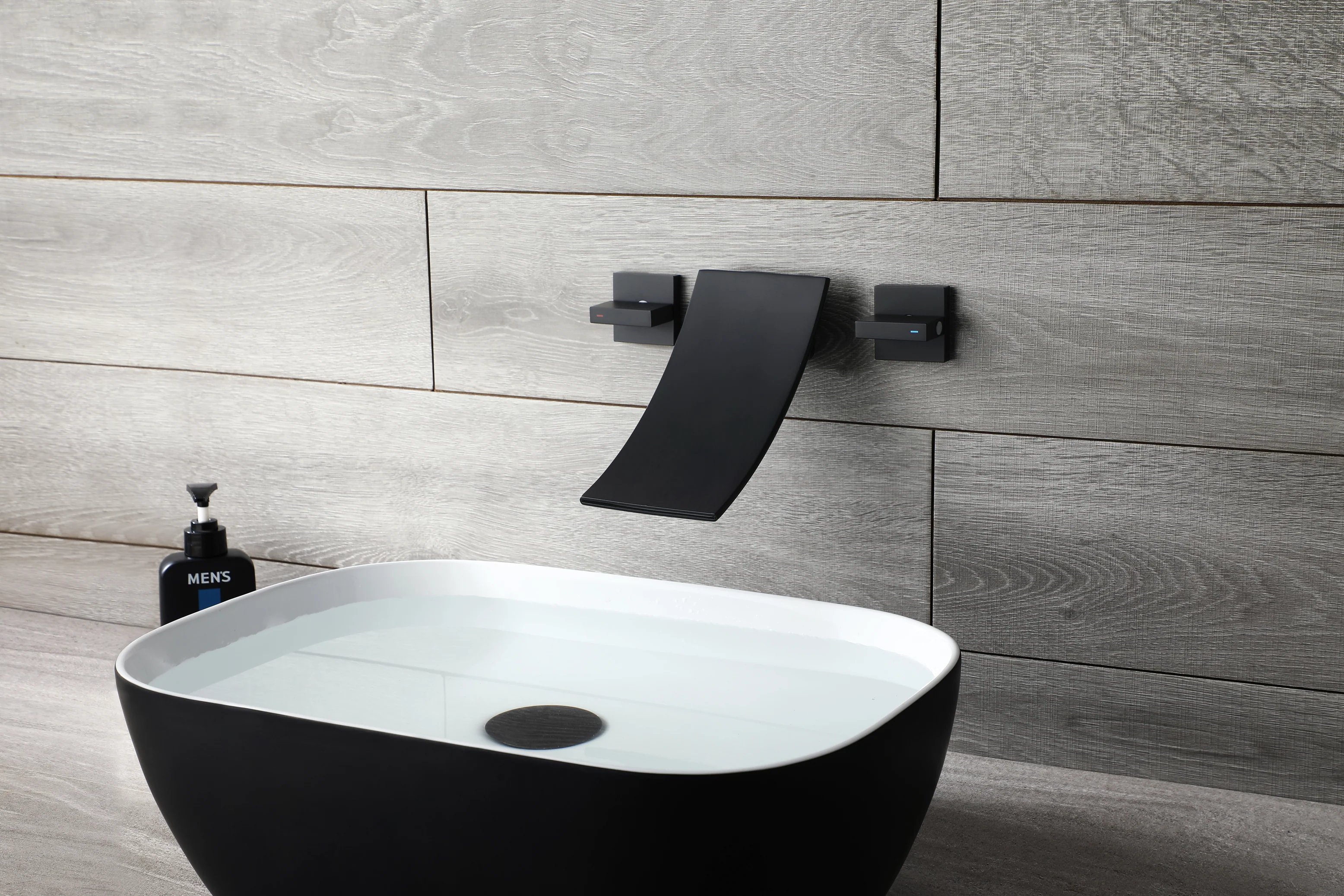 Matte Black Wall Mount Waterfall Bathroom Sink Faucet with Overflow Brass Pop-Up Drain - Image 5