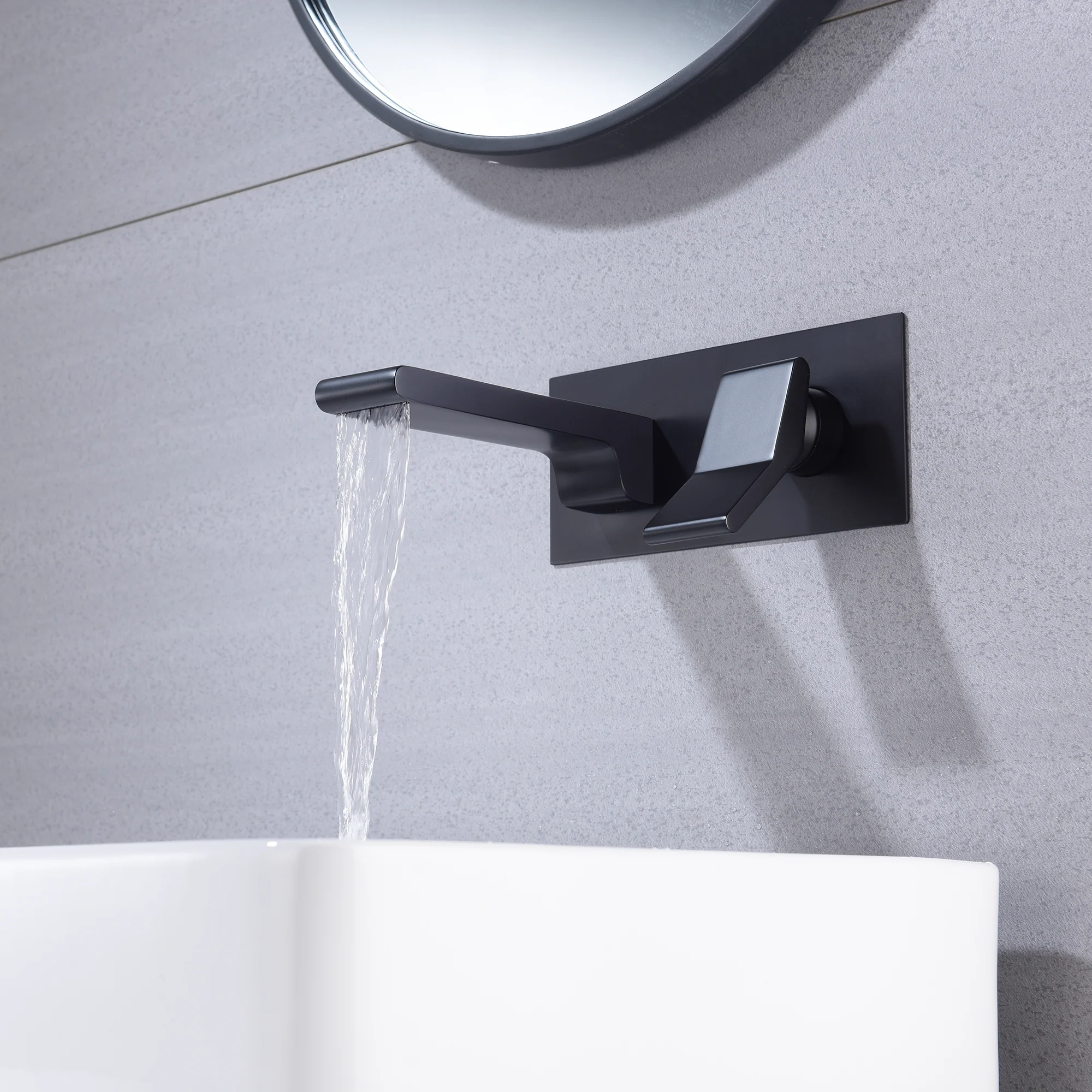 matte black waterfall wall mount single handle bathroom  sink faucet with overflow brass pop up drain - Image 2