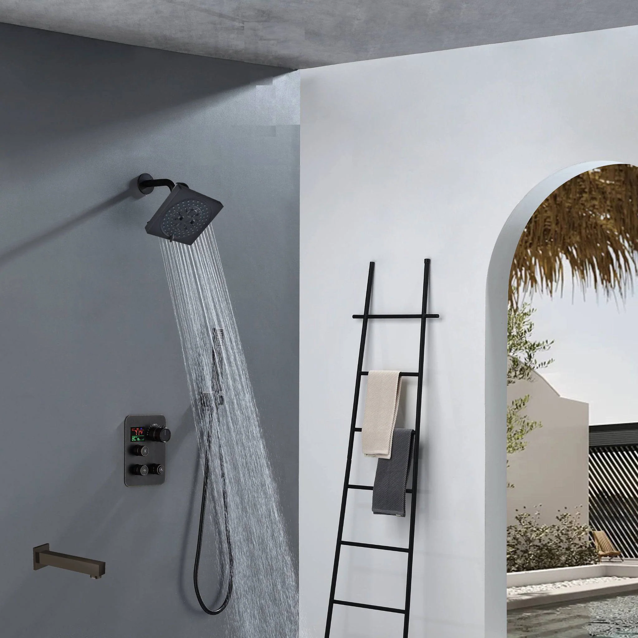 12-Inch Rainfall with our Wall-Mounted Oil Rubbed Bronze 3-Way Thermostatic Shower Faucet System: Simultaneous and Independent Functionality with Tub Spout,LED or Non-LED Options - Image 3
