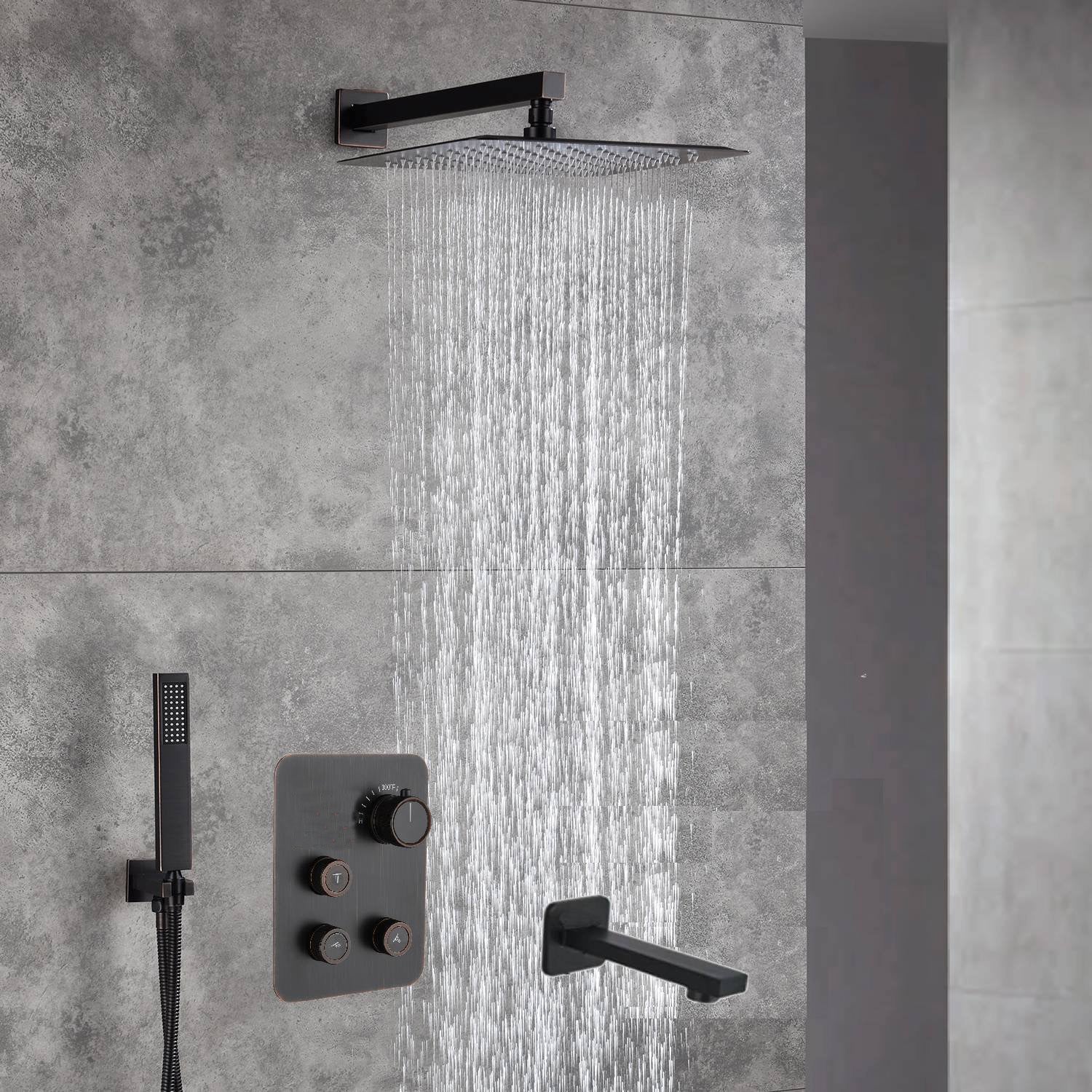 12-Inch Rainfall with our Wall-Mounted Oil Rubbed Bronze 3-Way Thermostatic Shower Faucet System: Simultaneous and Independent Functionality with Tub Spout,LED or Non-LED Options - Image 4