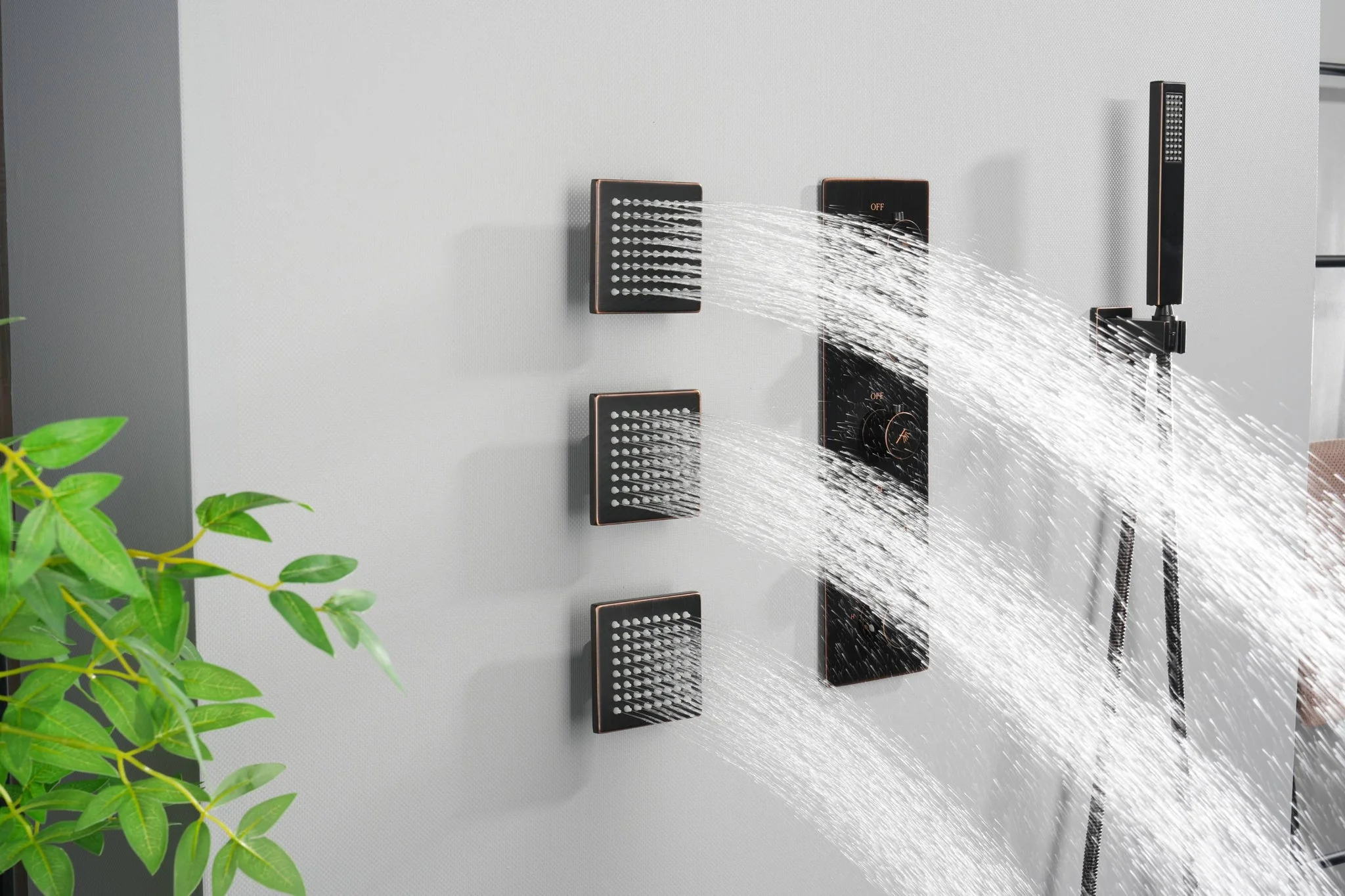 Oil Rubbed Bronze Ceiling Mount Dual 20-Inch Rainfall Shower Head with 4-Way Thermostatic System with Body Jets - Image 8