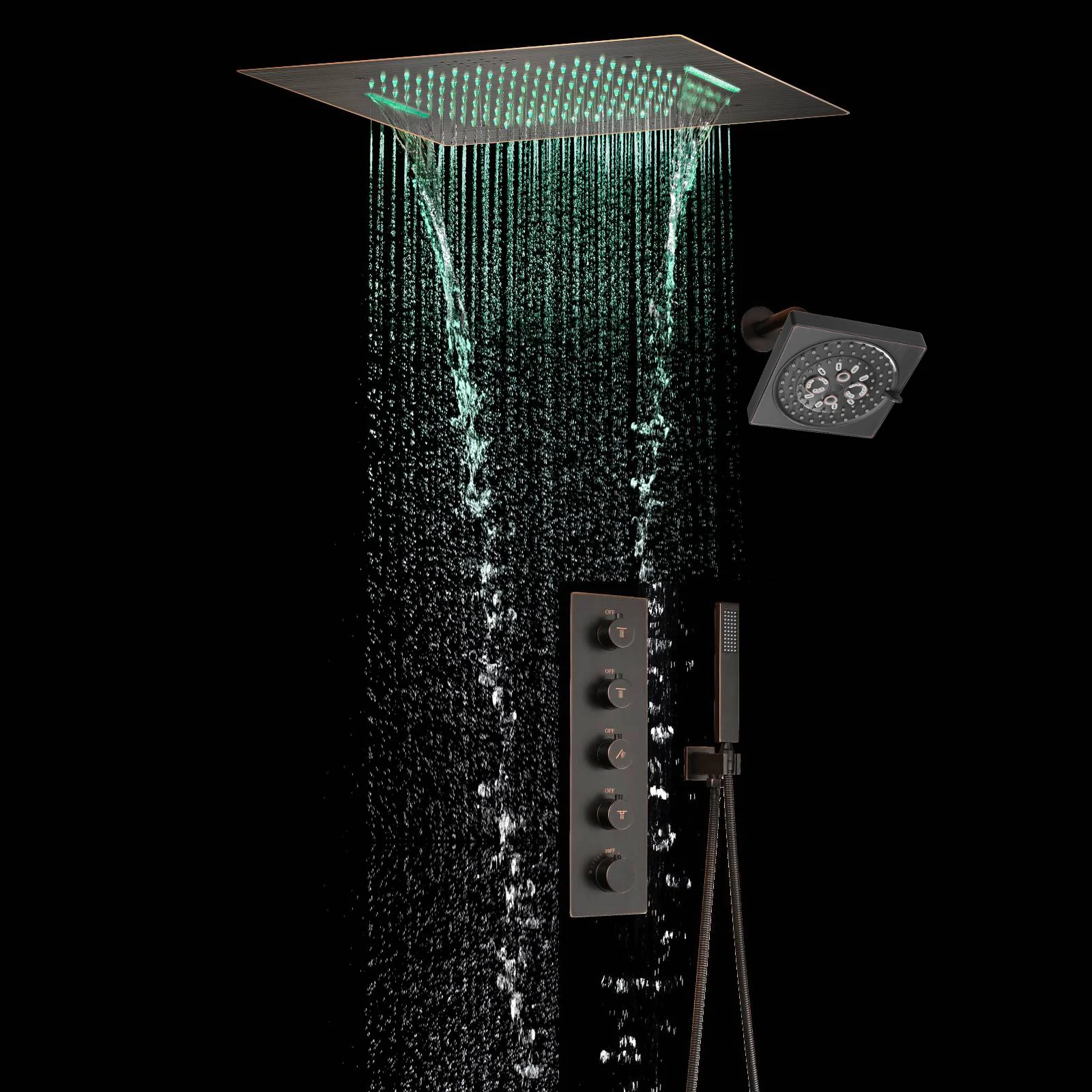 Oil Rubbed Bronze Flush Mount 20-Inch 64 LED Bluetooth Music Rainfall Waterfall Shower Head with 4-Way Thermostatic System and High Water Pressure Wall Mount Shower Head - Image 2