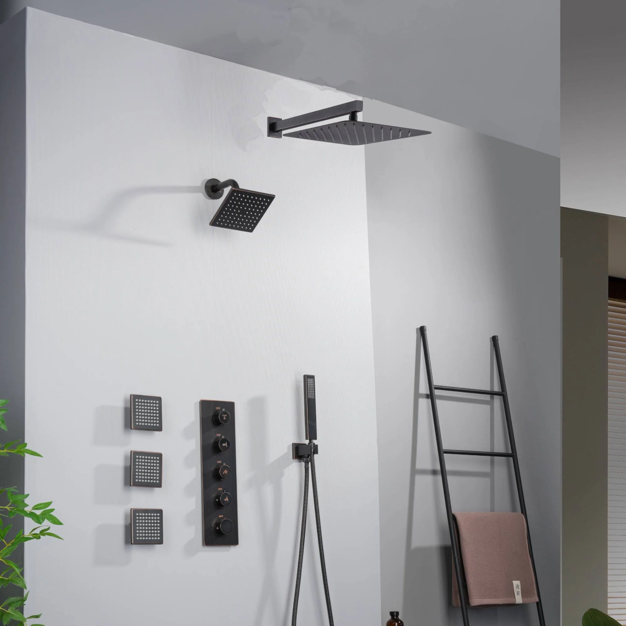 Oil Rubbed Bronze Wall Mount Rainfall Shower Head with 4-Way Thermostatic System, Body Jets, and High Water Pressure Wall Mount Shower Head