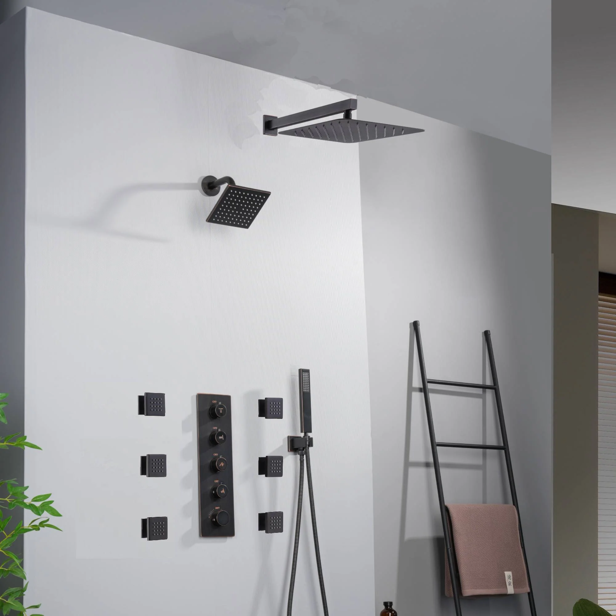 Oil Rubbed Bronze Wall Mount Rainfall Shower Head with 4-Way Thermostatic System, Body Jets, and High Water Pressure Wall Mount Shower Head - Image 2