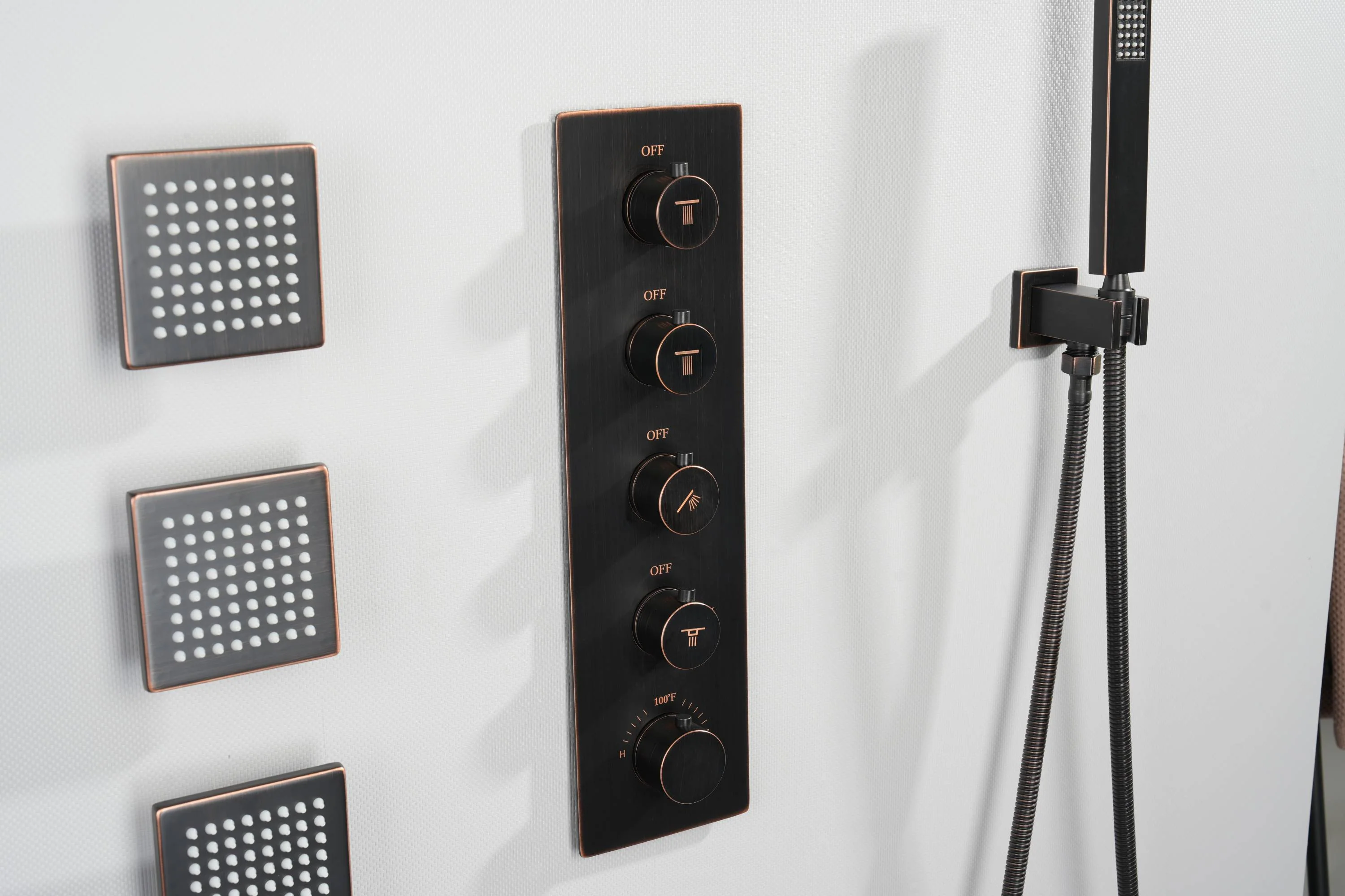 Oil Rubbed Bronze Ceiling Mount Dual Rainfall Shower Head with 4-Way Thermostatic System, Body Jets - Image 14