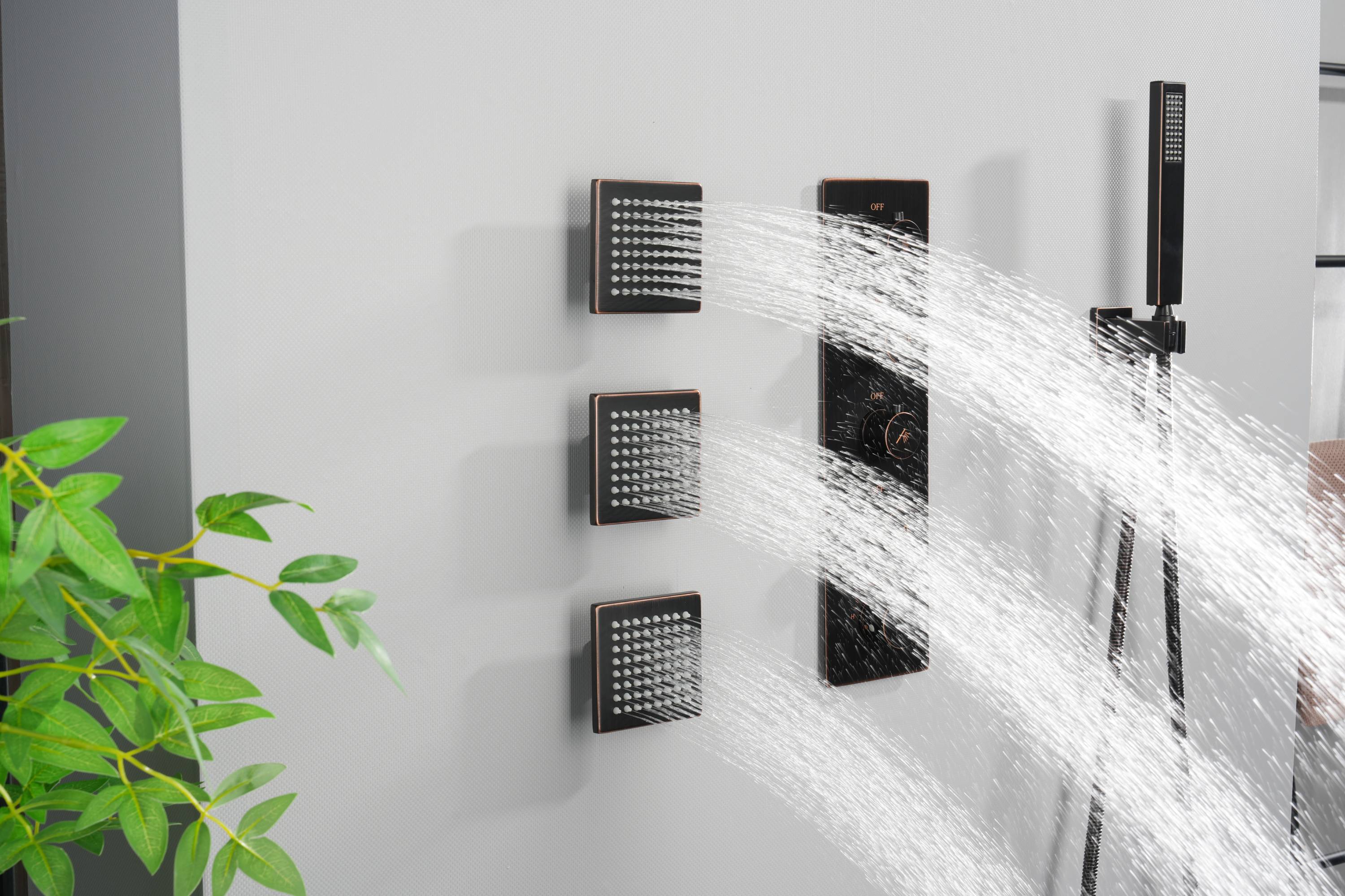 Oil Rubbed Bronze Ceiling Mount Dual Rainfall Shower Head with 4-Way Thermostatic System, Body Jets - Image 3