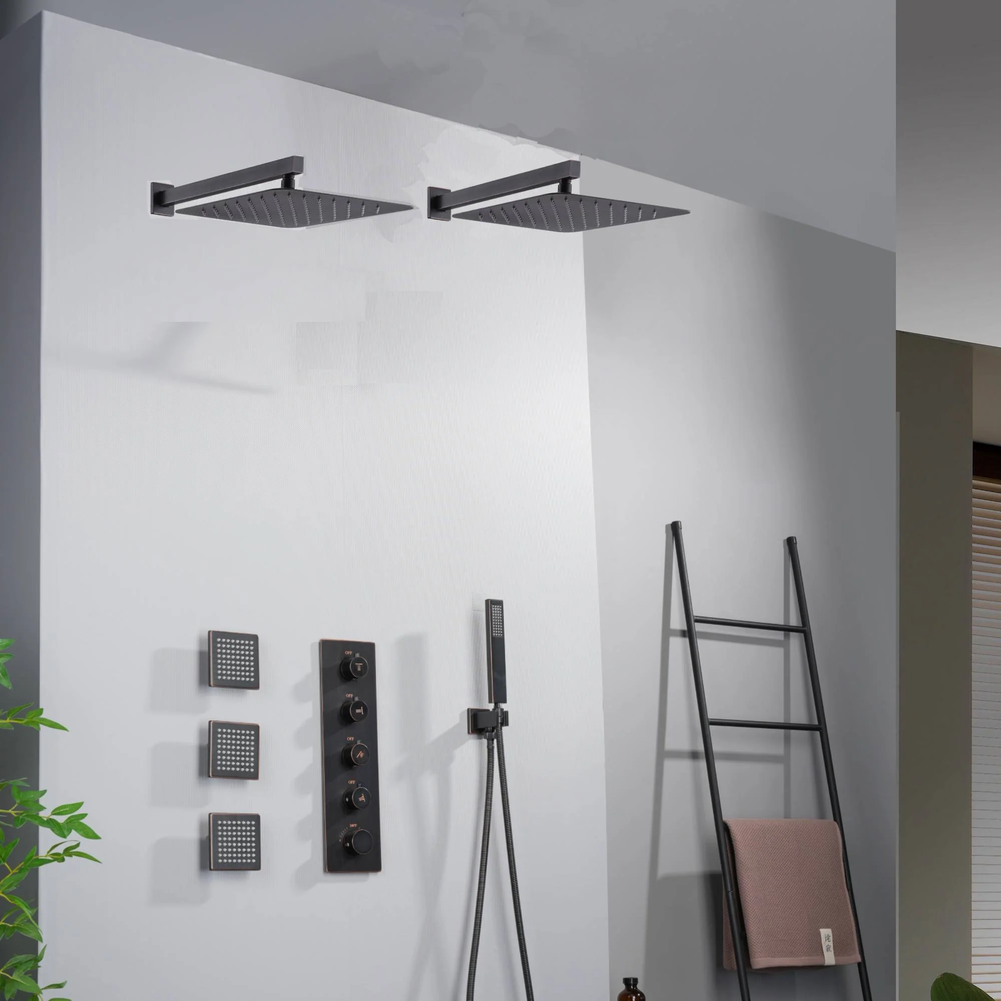 Oil Rubbed Bronze Wall Mount Rainfall Shower Head with 4-Way Thermostatic System, Body Jets