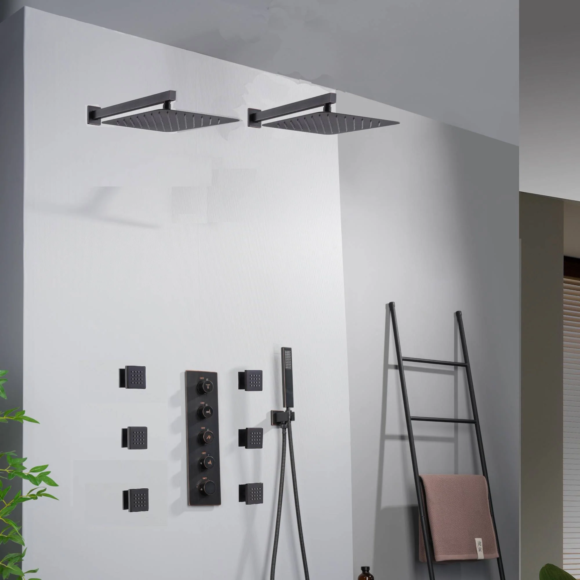 Oil Rubbed Bronze Wall Mount Rainfall Shower Head with 4-Way Thermostatic System, Body Jets - Image 2
