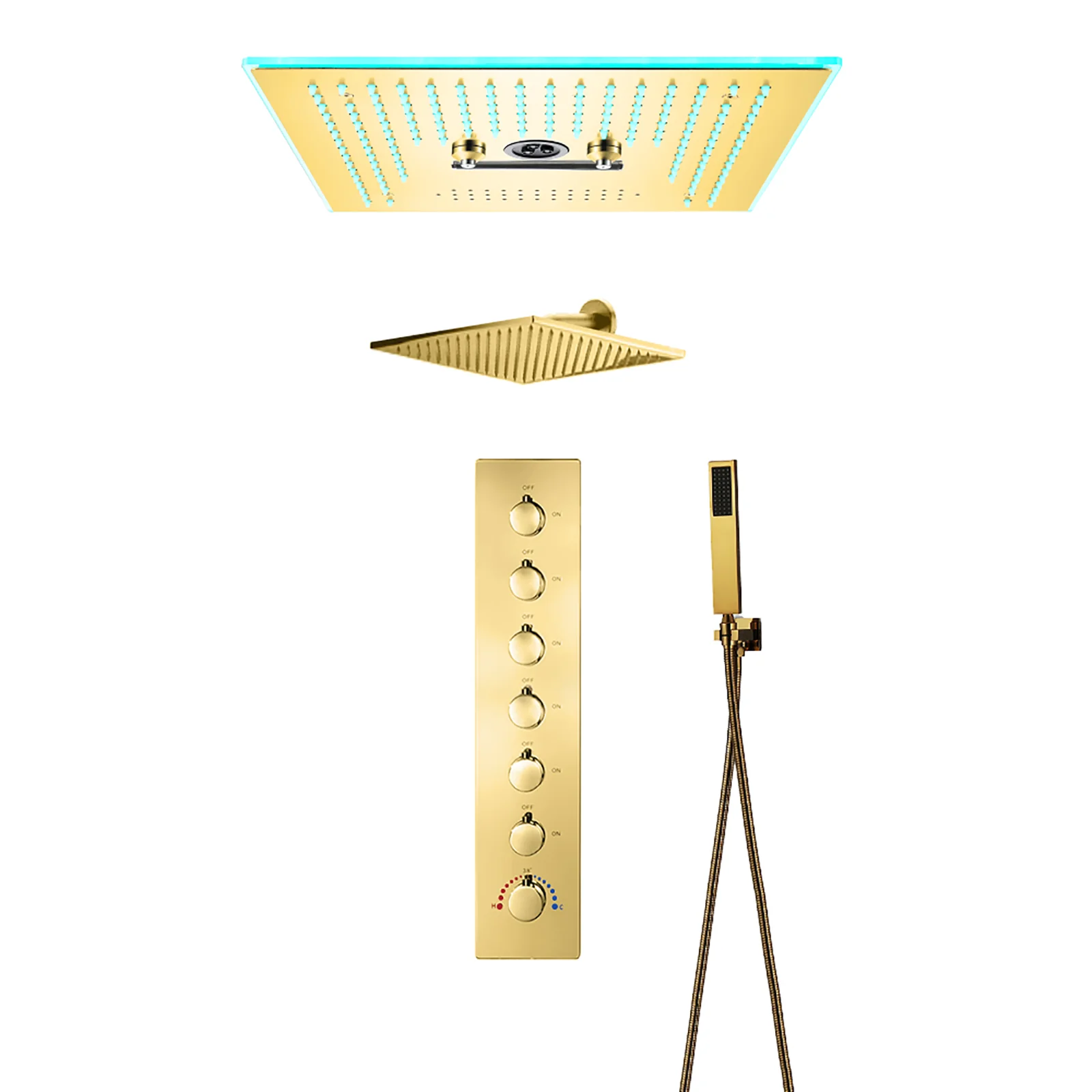 16-Inch Polished Gold Flush Mount Shower Faucet Set: 6-Way Thermostatic Control, 64-Color LED, Bluetooth Music, Rainfall-Waterfall-Mist Functions, Rotating Hydro Jet, and Regular Head - Image 3