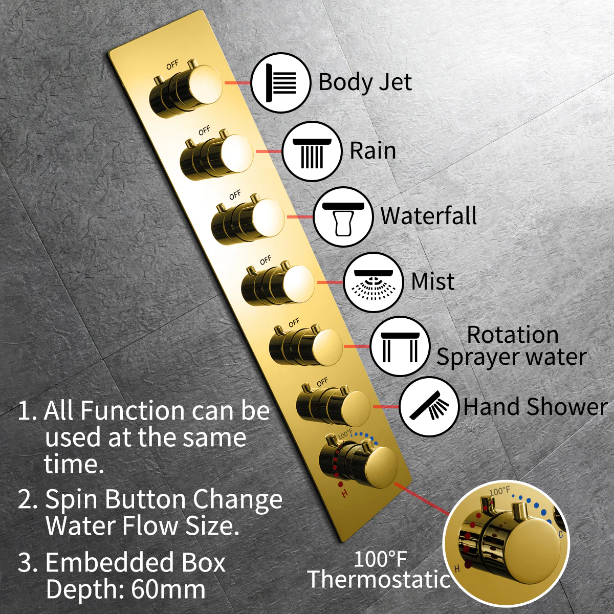 16-Inch Polished Gold Flush Mount Shower Faucet Set: 6-Way Thermostatic Control, 64-Color LED, Bluetooth Music, Rainfall-Waterfall-Mist Functions, Rotating Hydro Jet, and Regular Head - Image 4