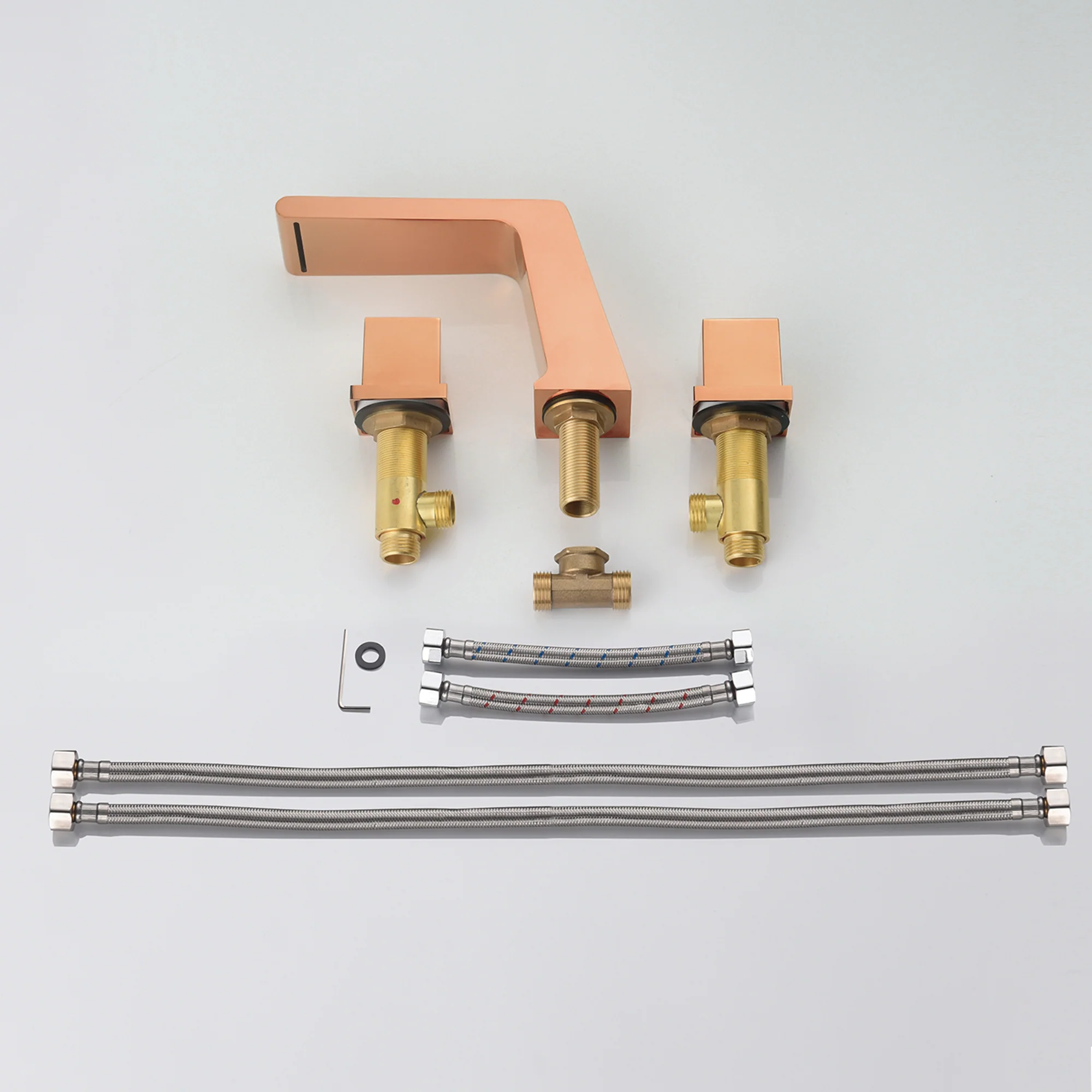 Widespread Rose Gold Waterfall 3 Holes 2 Handles Deck Mount Bathroom Sink Faucet with Overflow Brass Pop-Up Drain - Image 6