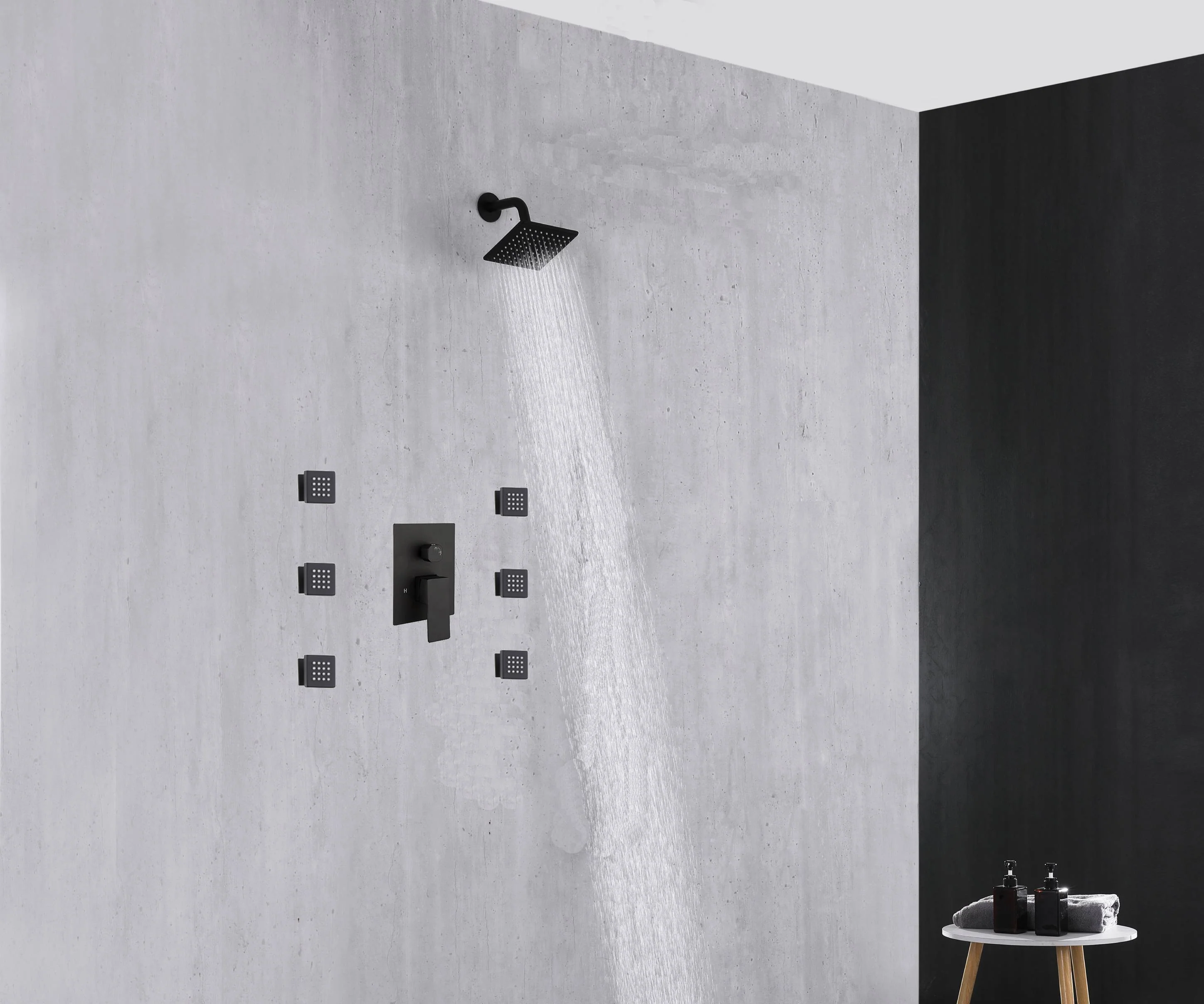 two functions  6 inch regular head Wall Mounted Matte Black shower faucet pressure balance rough in valve with body jets - Image 2