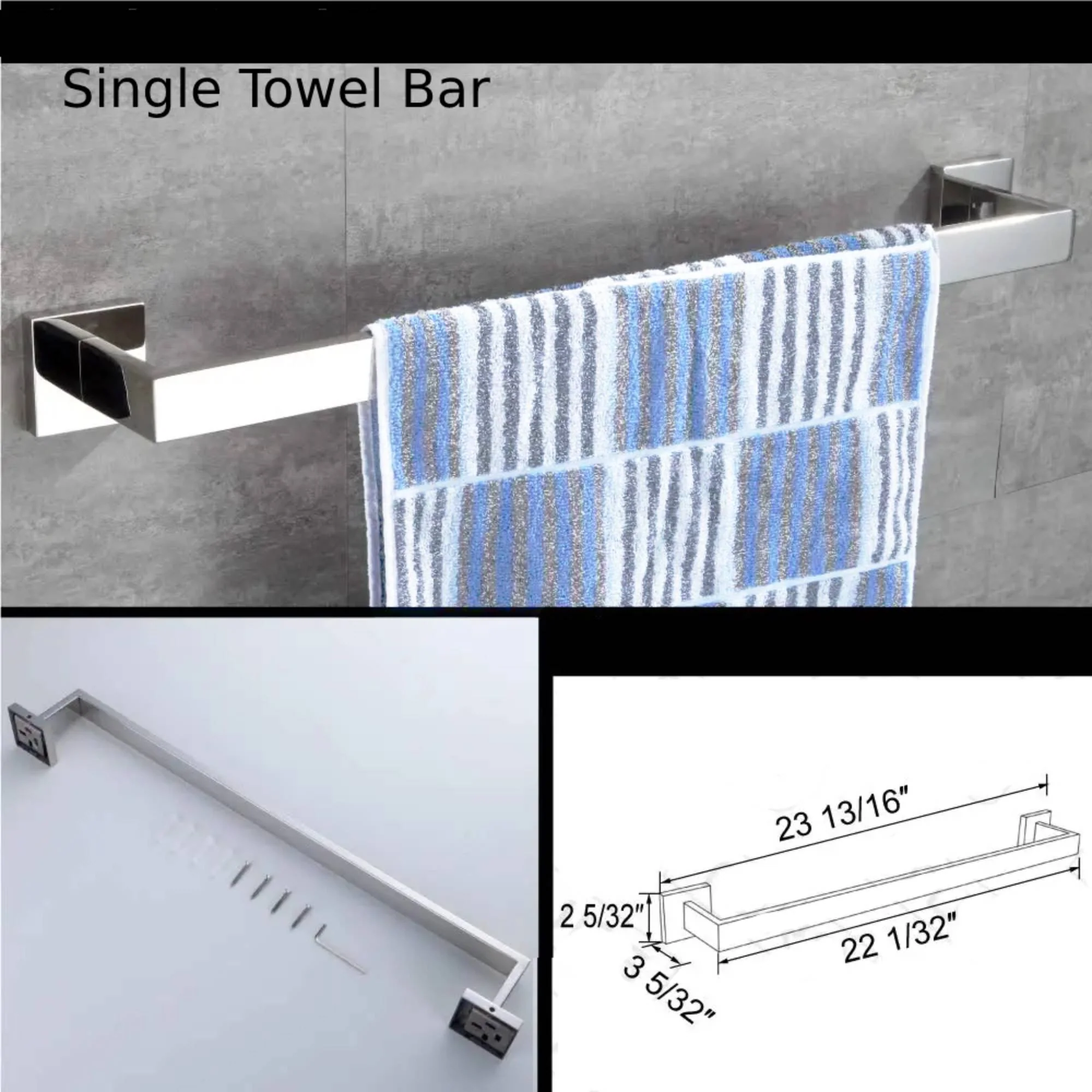 Complete 4-Piece Square Stainless Chrome Bathroom Accessory Set - Wall Mounted Towel Bar, Towel Ring, Toilet Paper Holder, and Robe Hook - Image 3