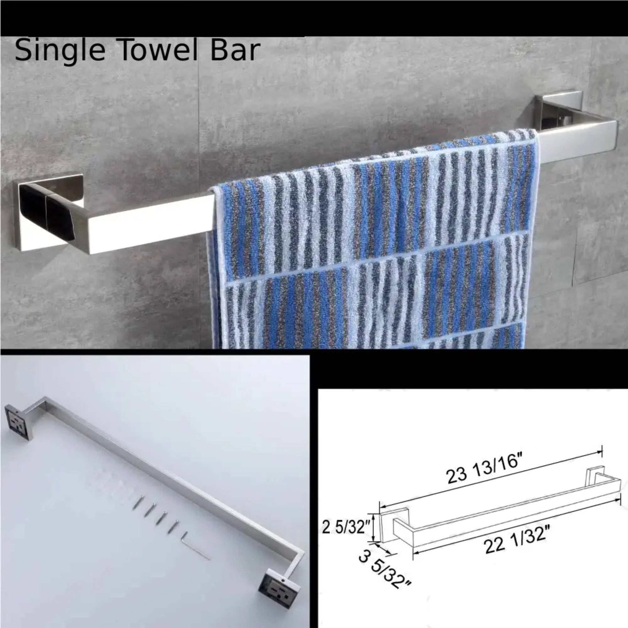 Complete 4-Piece Square Stainless Chrome Bathroom Accessory Set - Wall Mounted Towel Bar, Towel Ring, Toilet Paper Holder, and Robe Hook - Image 5